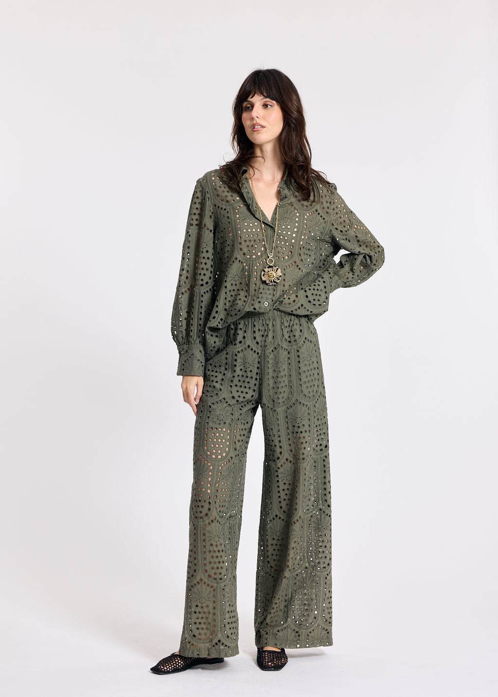 GIANA KHAKI BRODERIE ANGLAISE PANTS