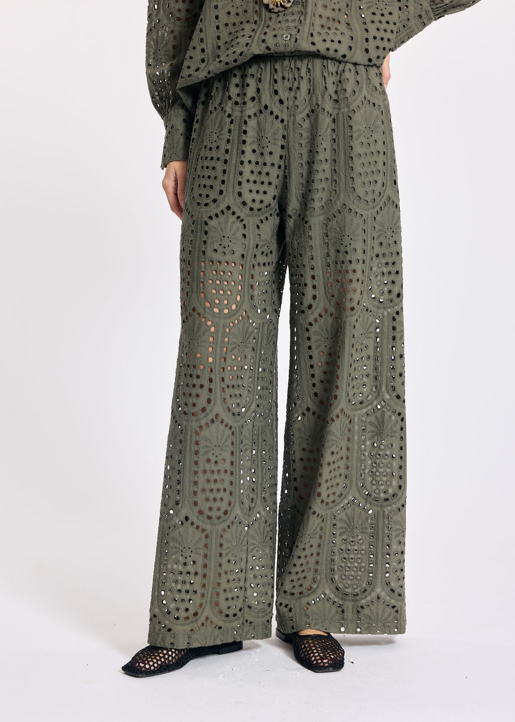 GIANA KHAKI BRODERIE ANGLAISE PANTS