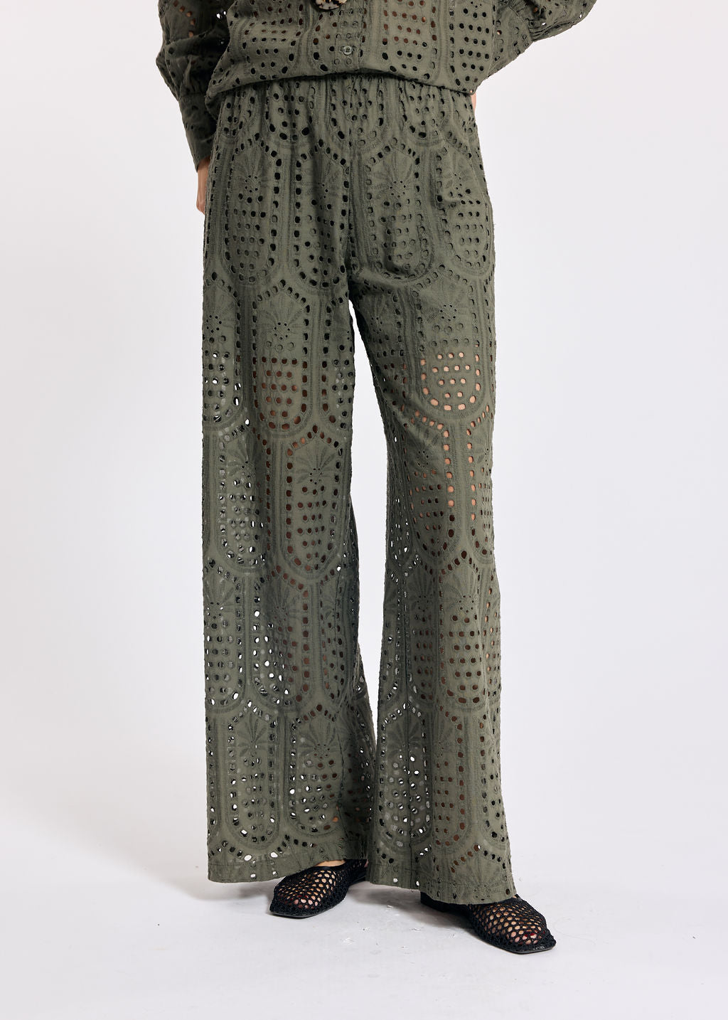 GIANA KHAKI BRODERIE ANGLAISE PANTS