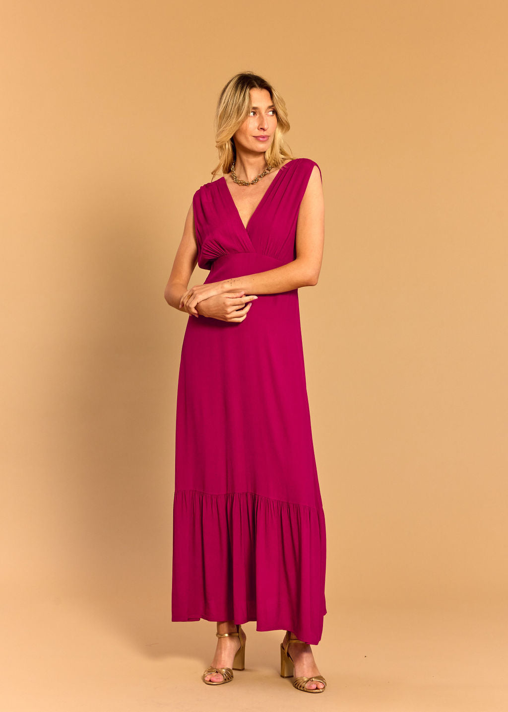 KYM RASPBERRY VISCOSE CREPE DRESS