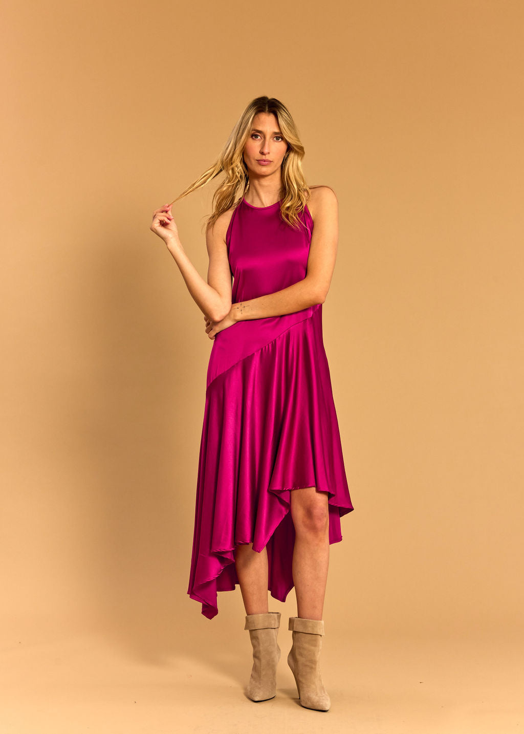 LORENA ASYMMETRIC RASPBERRY DRESS
