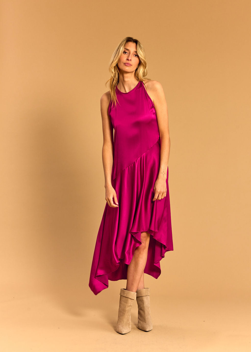 LORENA ASYMMETRIC RASPBERRY DRESS
