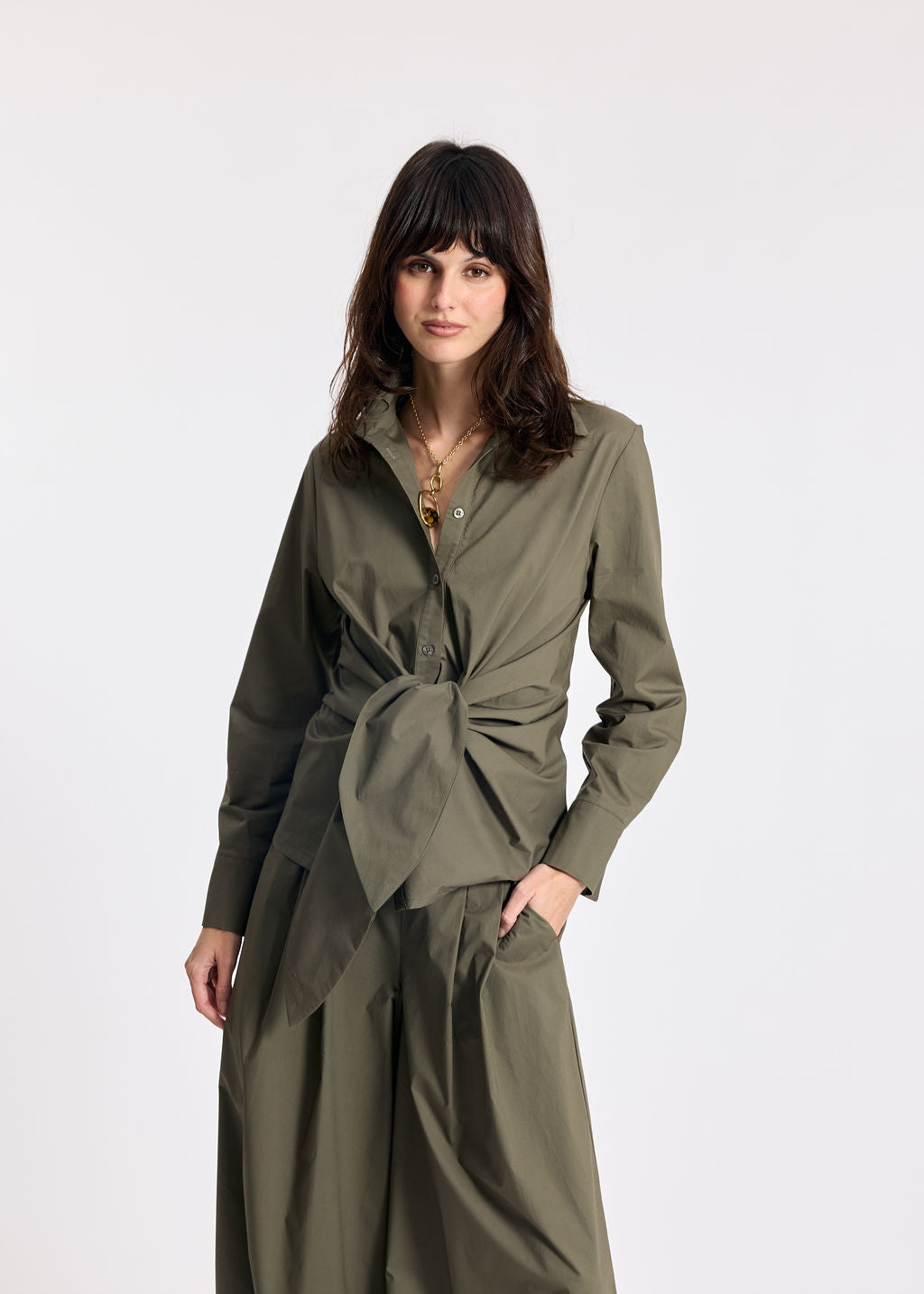 SOKA KHAKI POPLIN TIED SHIRT