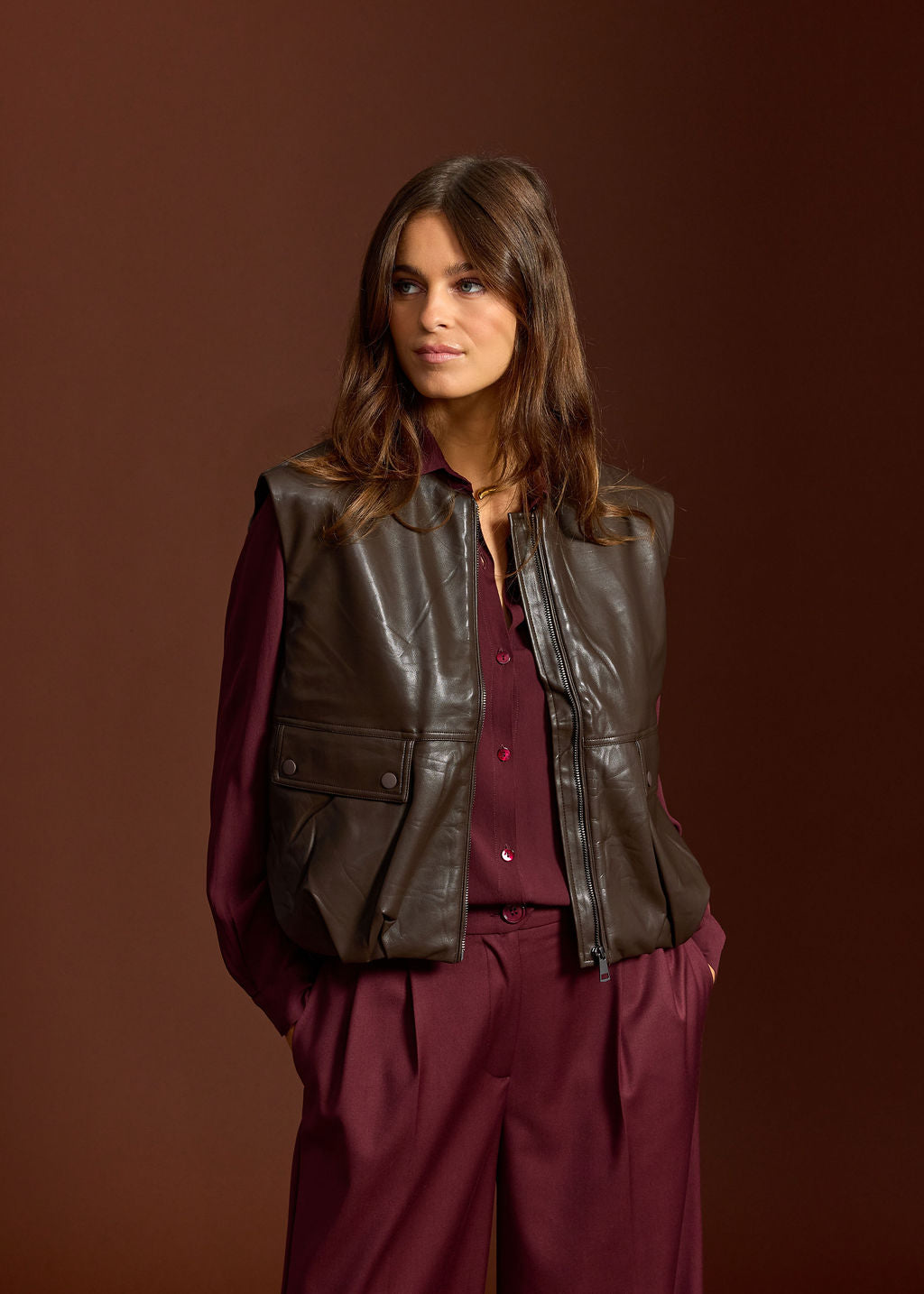 OWEN COFFEE FAUX LEATHER SLEEVELESS VEST