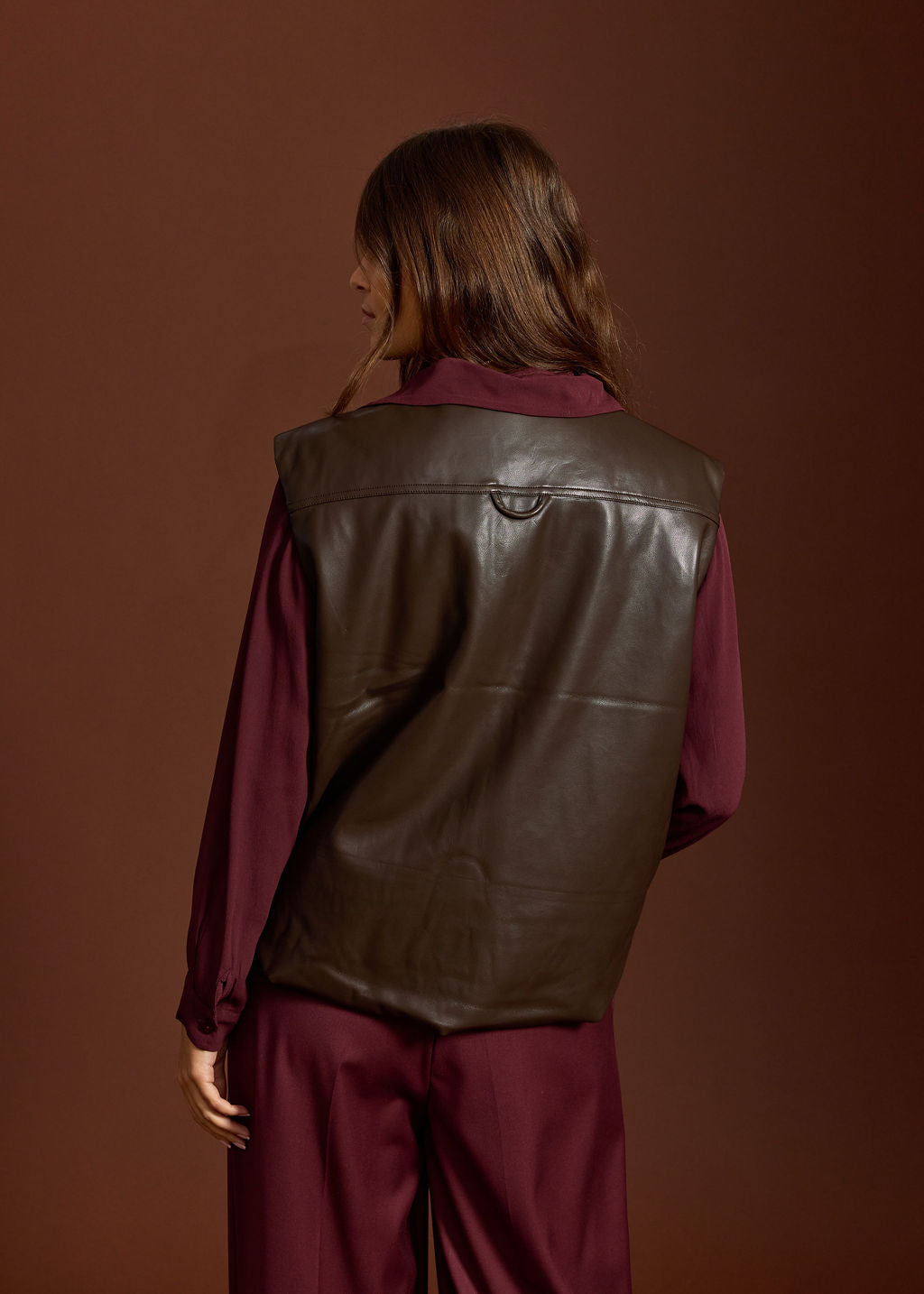 OWEN COFFEE FAUX LEATHER SLEEVELESS VEST