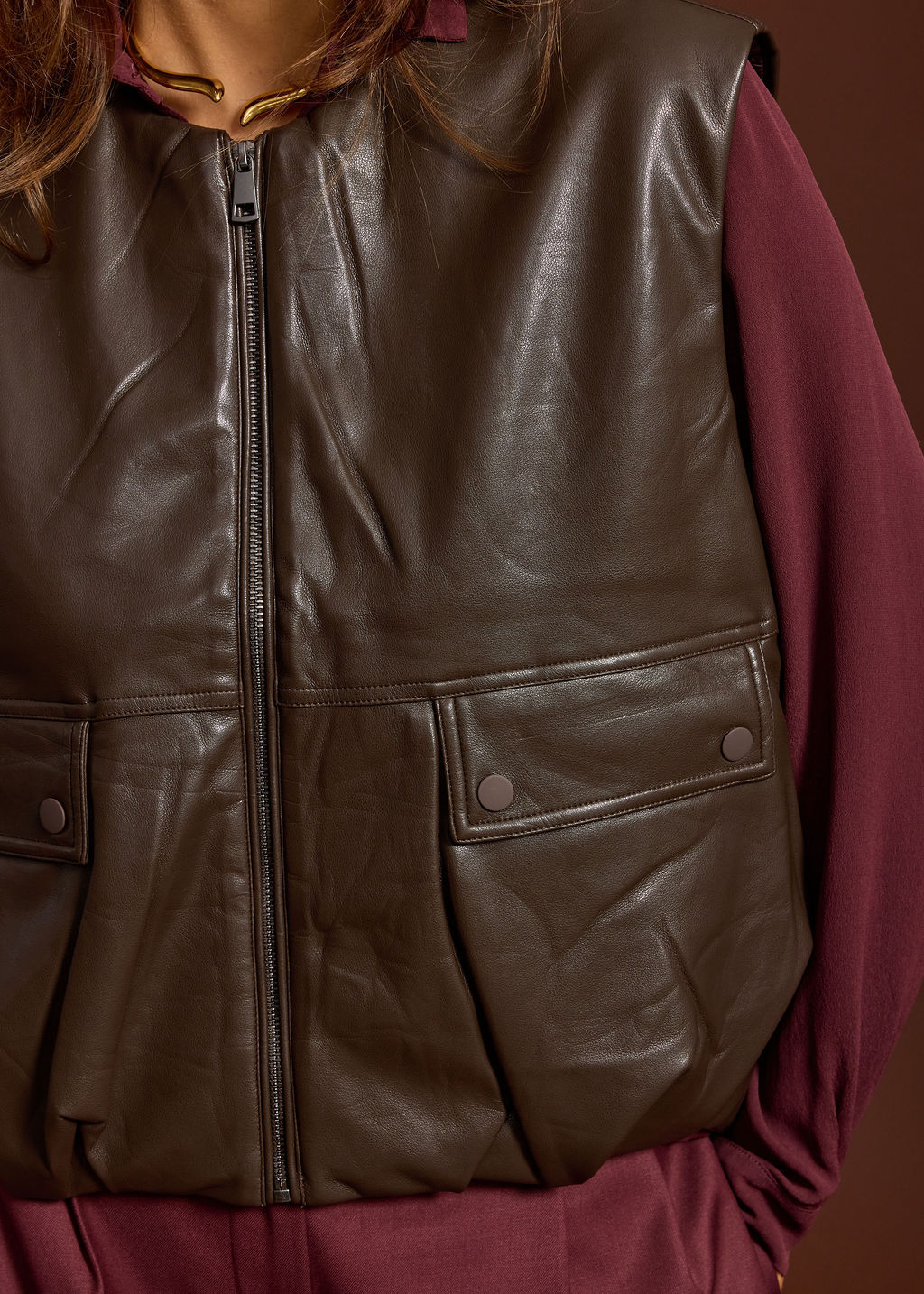 OWEN COFFEE FAUX LEATHER SLEEVELESS VEST