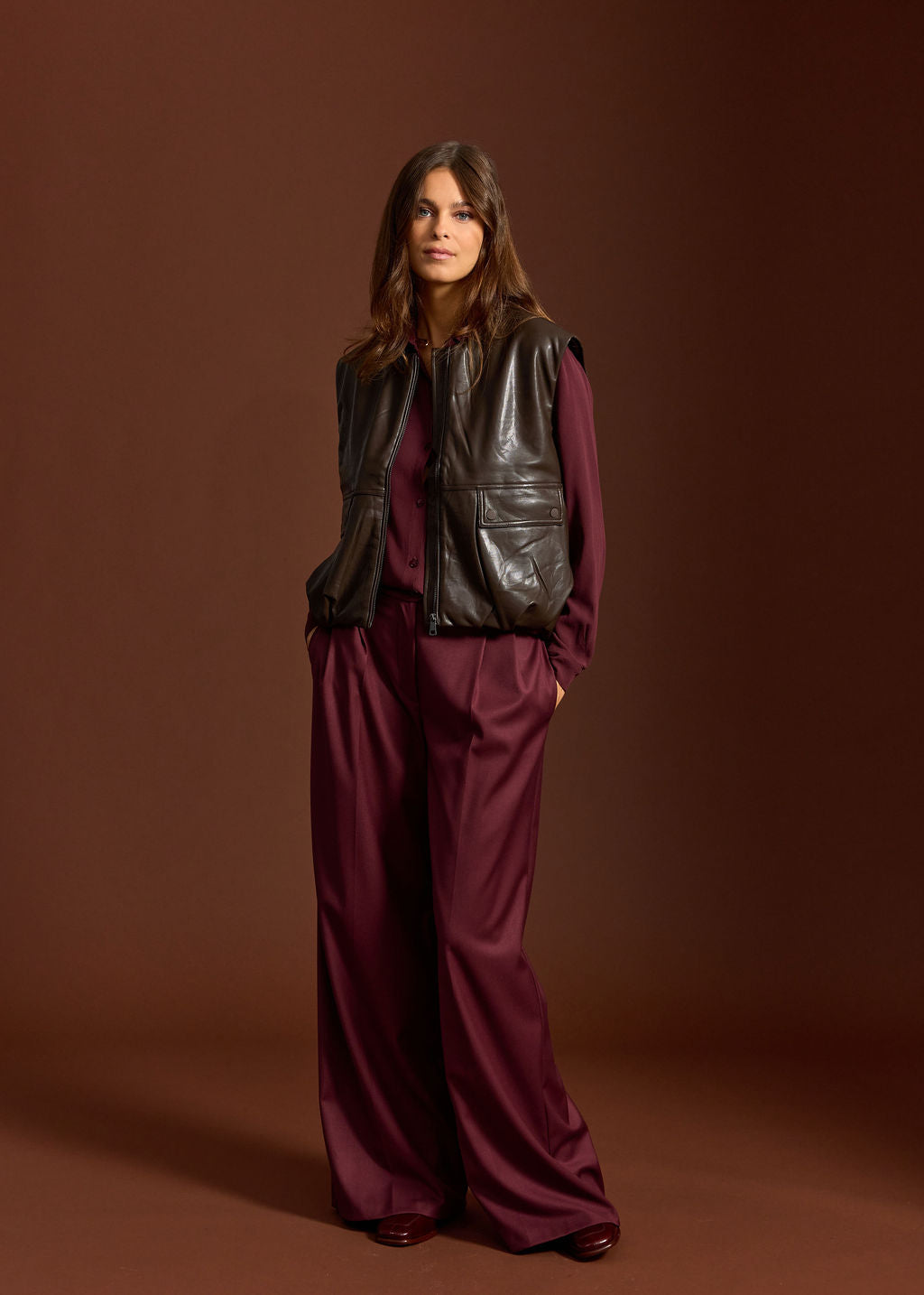 OWEN COFFEE FAUX LEATHER SLEEVELESS VEST