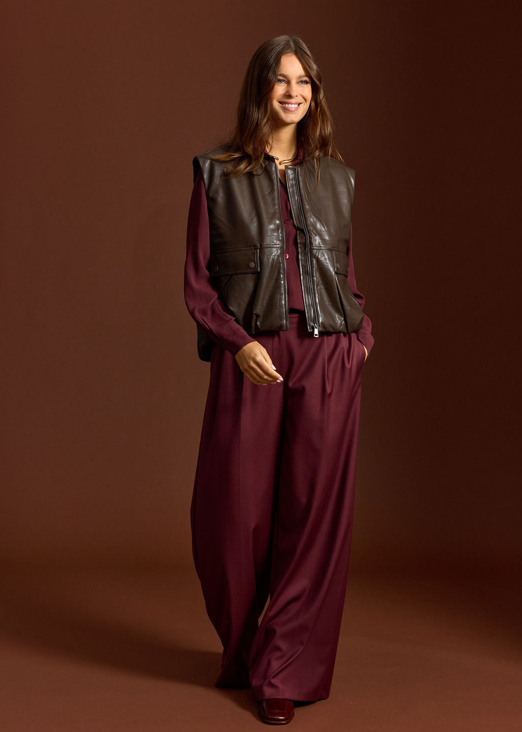 OWEN COFFEE FAUX LEATHER SLEEVELESS VEST