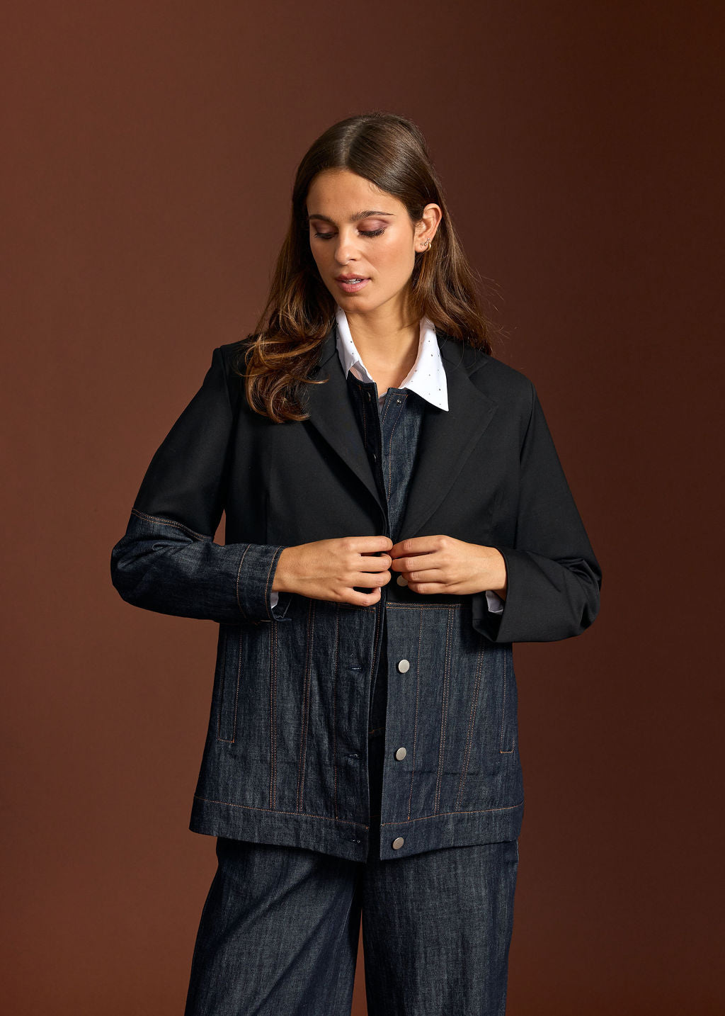 VESTE BLAZER BI-MATIERE PETRA DENIM