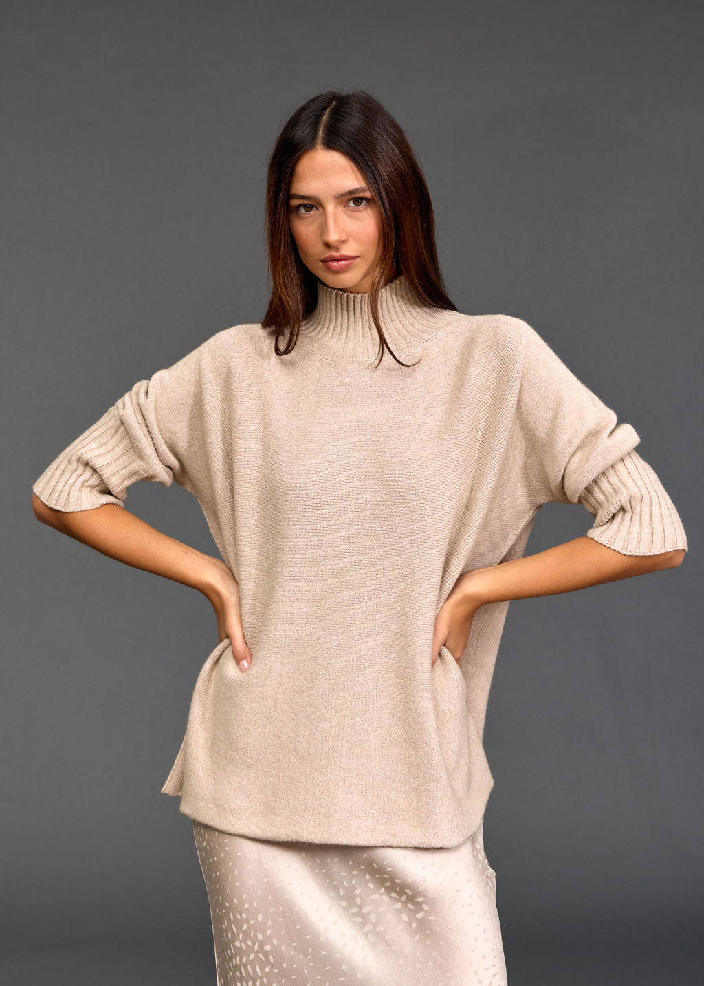 PULL TUNIQUE EN MAILLE NATY SABLE