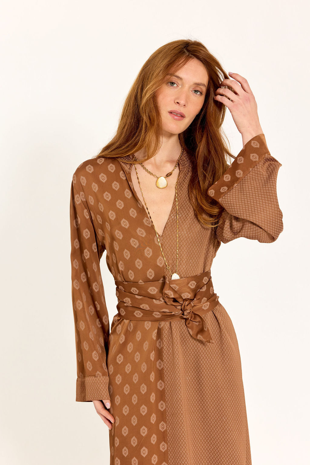 ROBE MIDI BI-IMPRIMÉE AMAYA NOISETTE