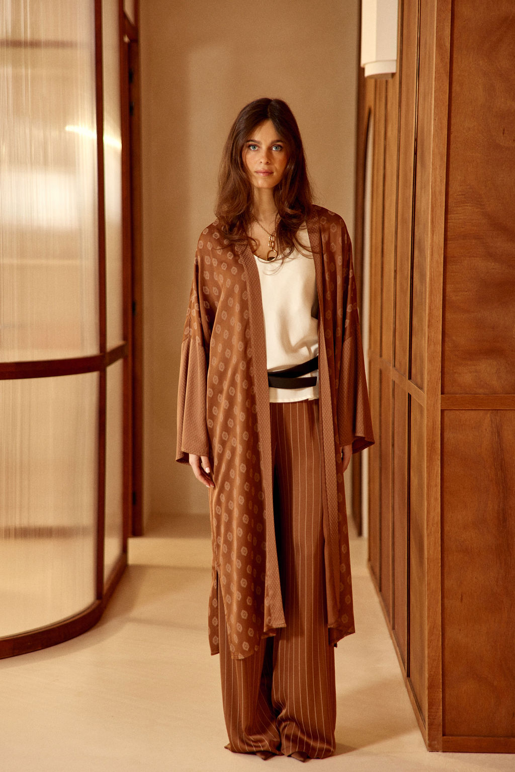 KIMONO LONG BI-IMPRIMÉ TON SUR TON NOAH NOISETTE