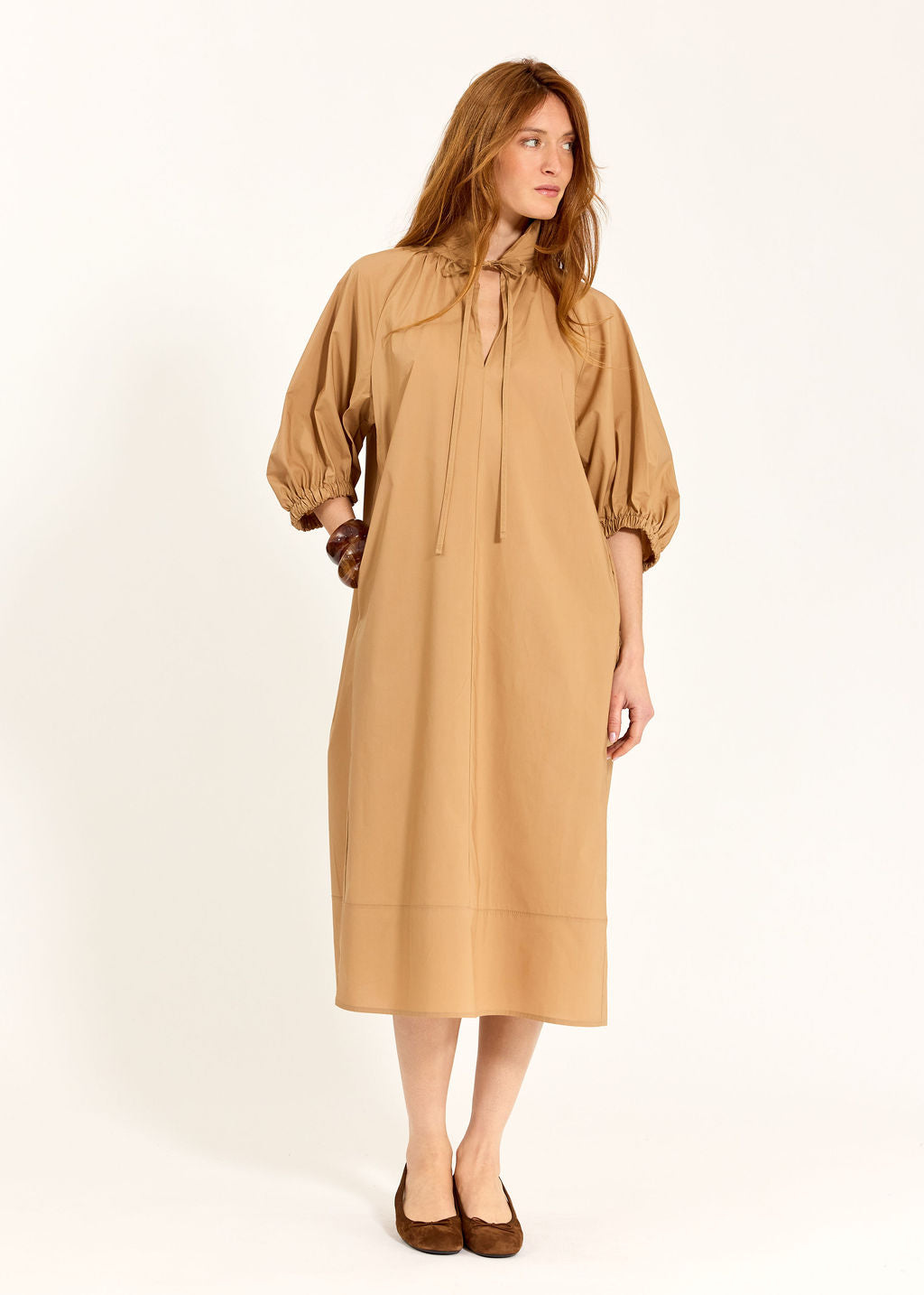 ROBE MIDI EN POPELINE DUVETEUSE HELLO CAMEL