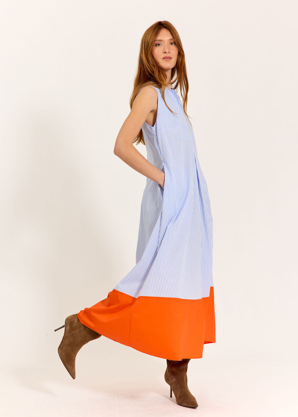 ROBE EN POPELINE RAYÉE ALWEN CIEL/ORANGE