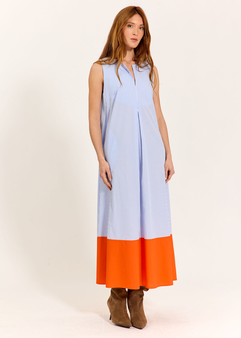 ROBE EN POPELINE RAYÉE ALWEN CIEL/ORANGE