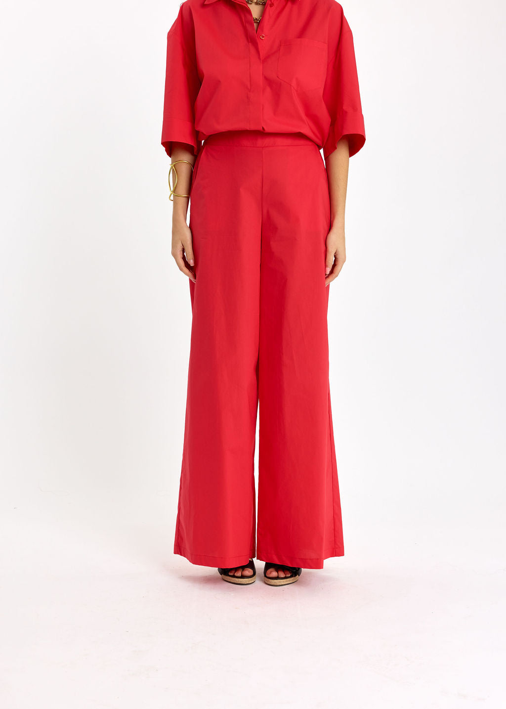 PANTALON LONG ÉVASÉ EN POPELINE UNIE CASSIA ROUGE