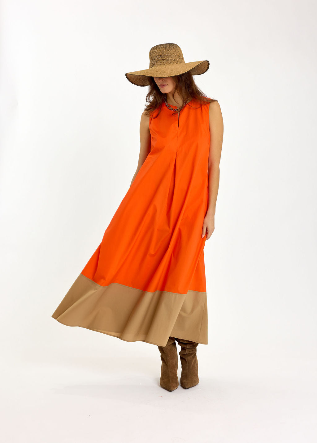 ROBE EN POPELINE BICOLORE POLO ORANGE/SABLE