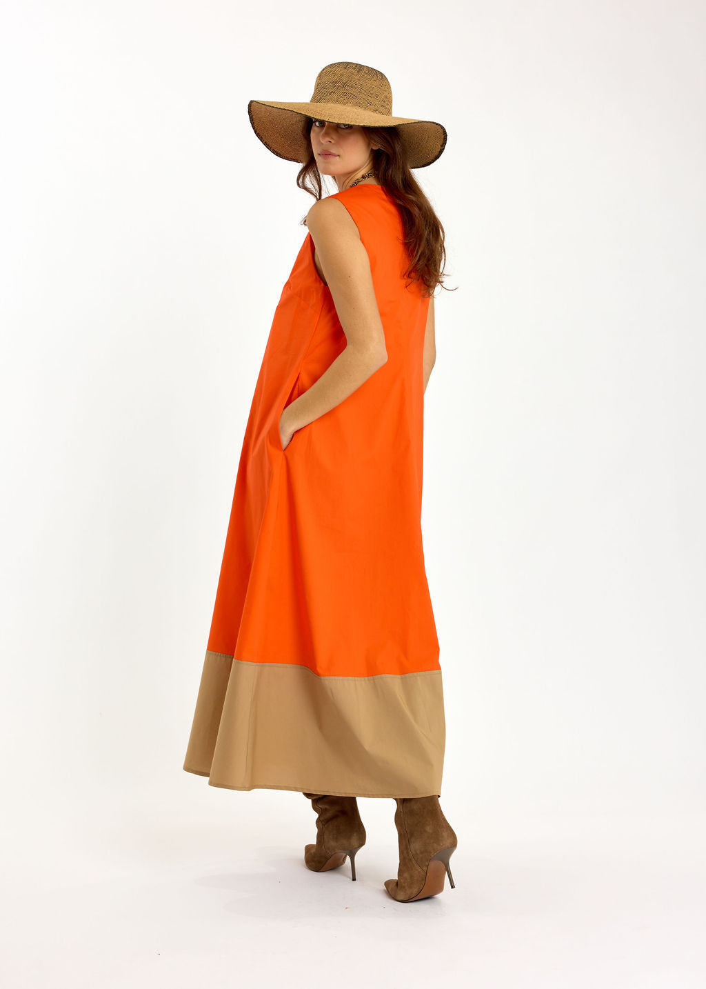 ROBE EN POPELINE BICOLORE POLO ORANGE/SABLE