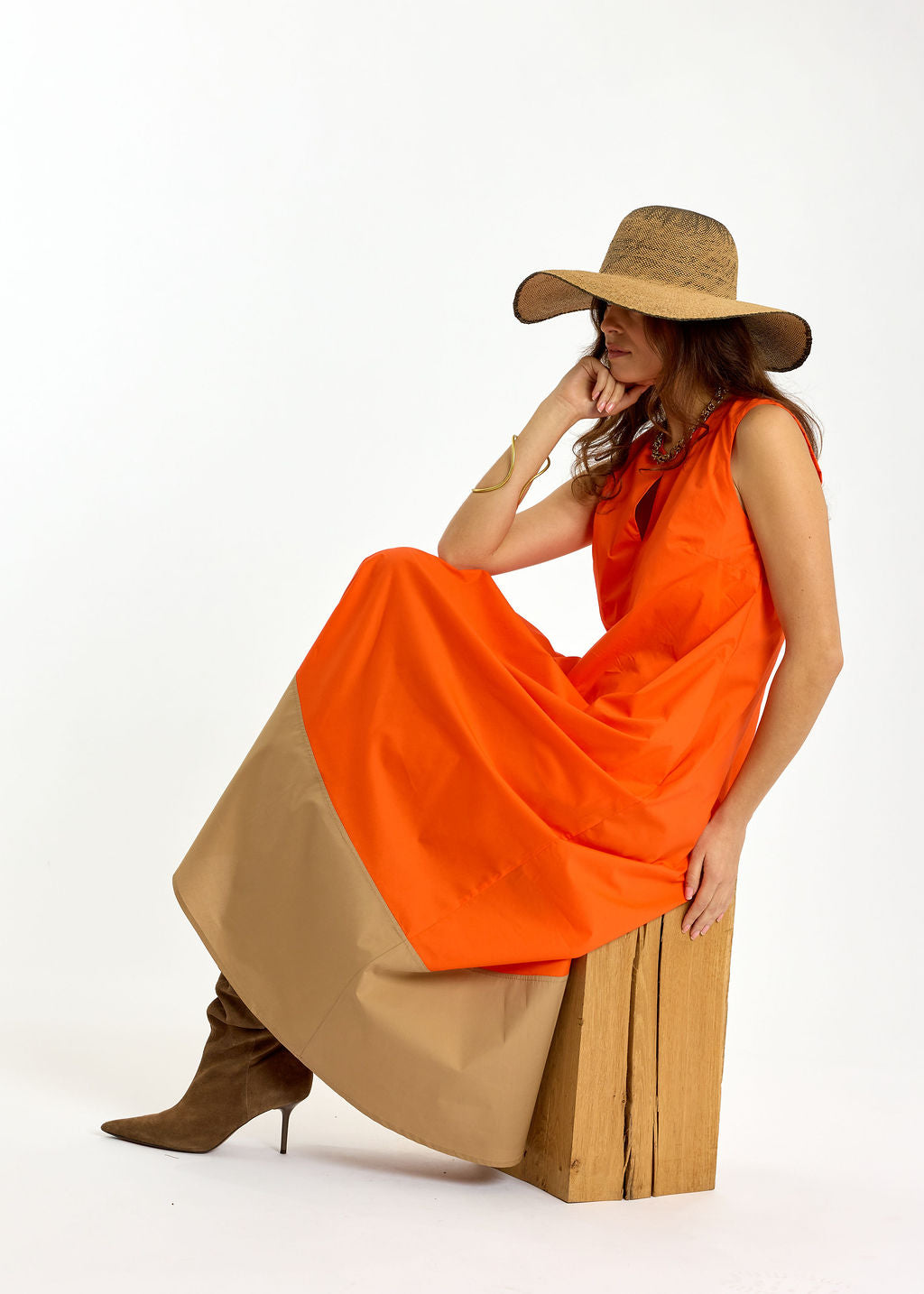 ROBE EN POPELINE BICOLORE POLO ORANGE/SABLE
