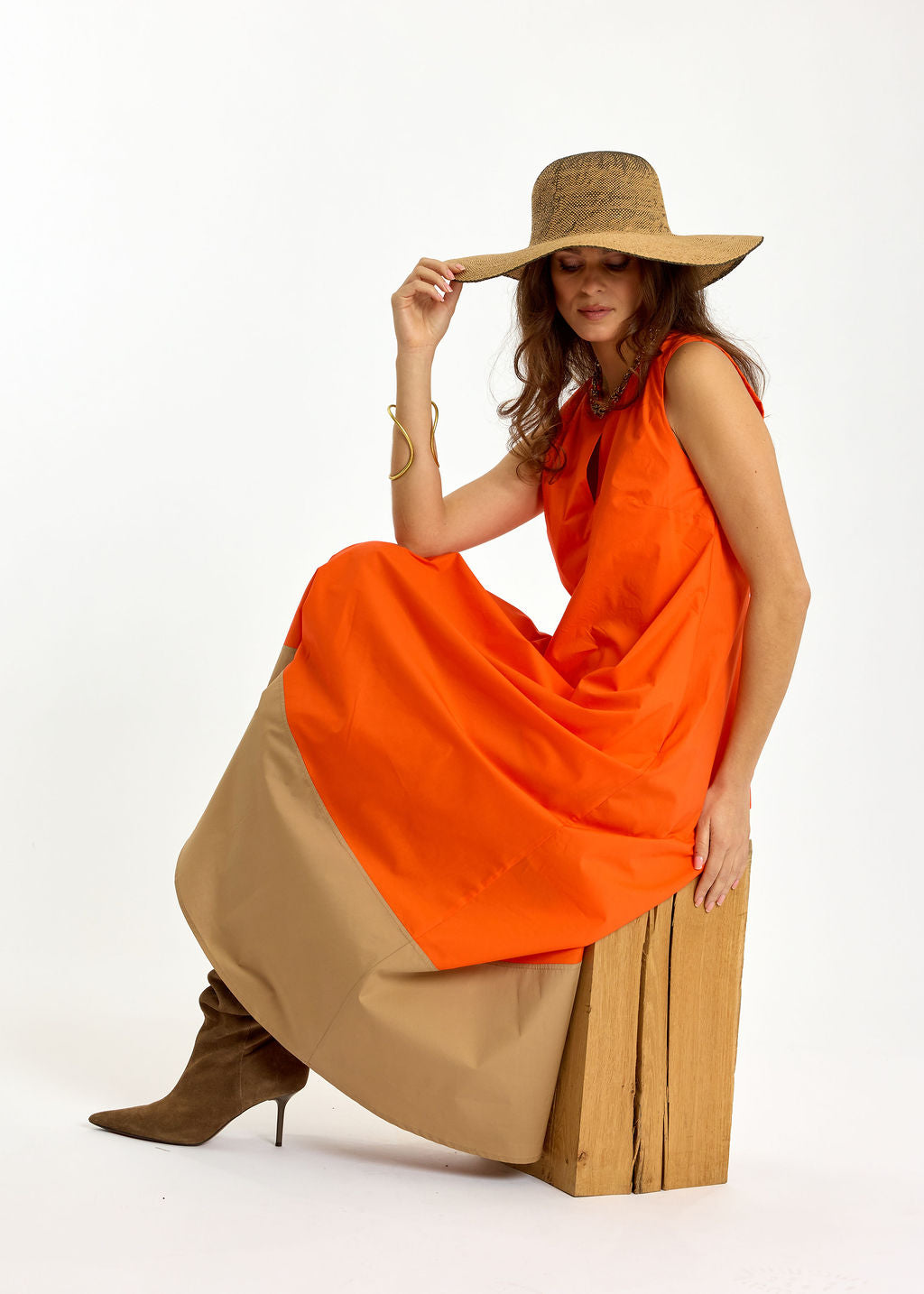 ROBE EN POPELINE BICOLORE POLO ORANGE/SABLE