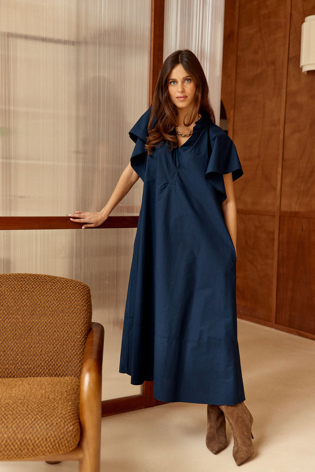 ROBE LONGUE ÉVASÉE EN POPELINE SIRINE MARINE