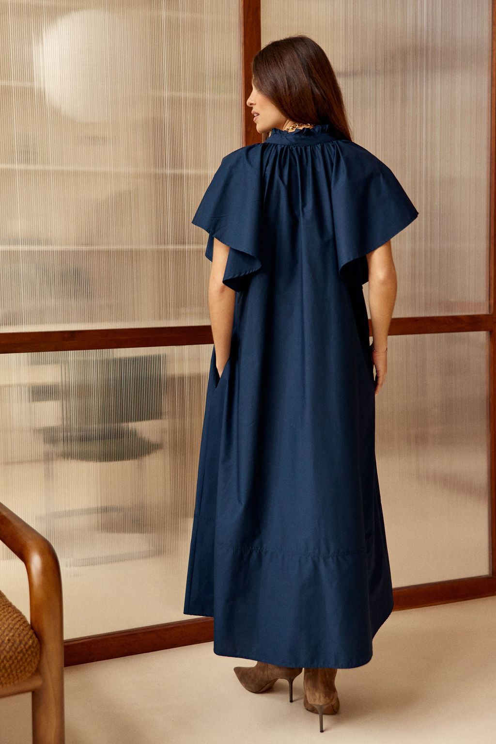 ROBE LONGUE ÉVASÉE EN POPELINE SIRINE MARINE