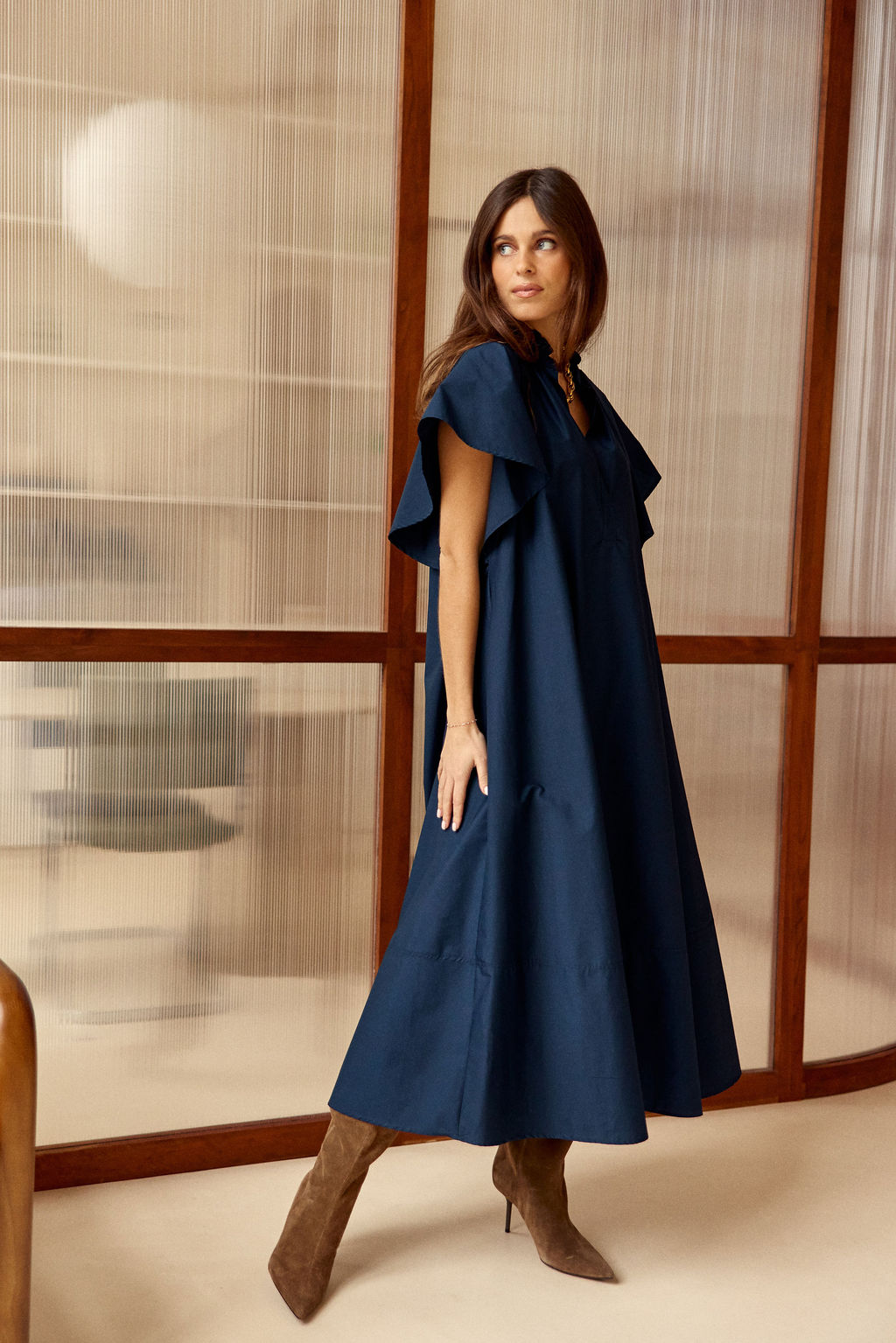 ROBE LONGUE ÉVASÉE EN POPELINE SIRINE MARINE