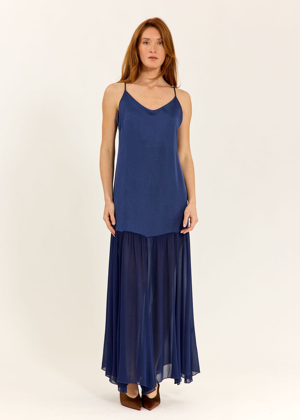 ROBE LONGUE BI-MATIÈRE TESS BLUE