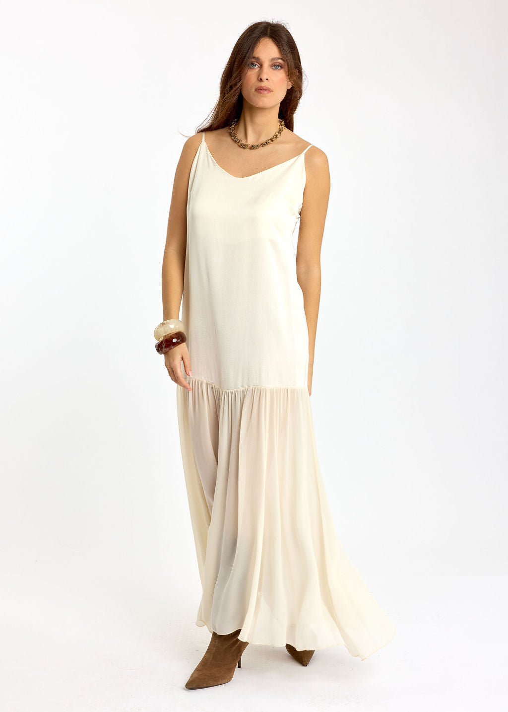 ROBE LONGUE BI-MATIÈRE TESS ECRU