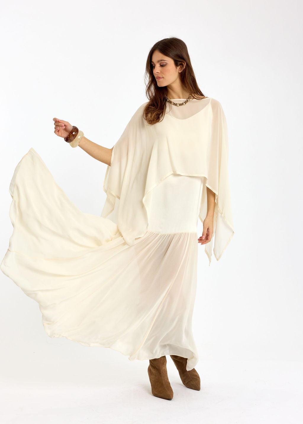 ROBE LONGUE BI-MATIÈRE TESS ECRU