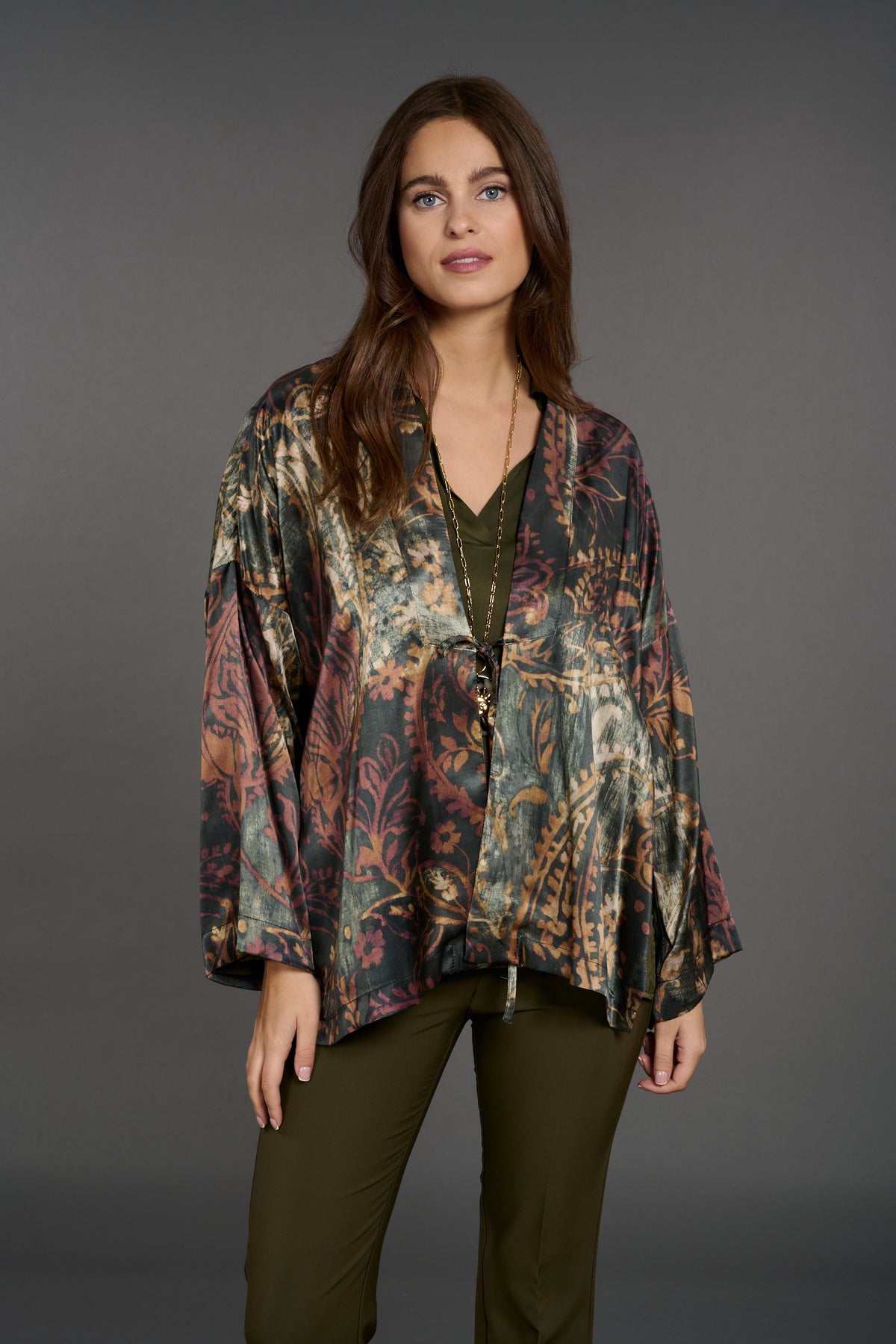 VESTE KIMONO A BASE DE SOIE KH1255 LICHEN