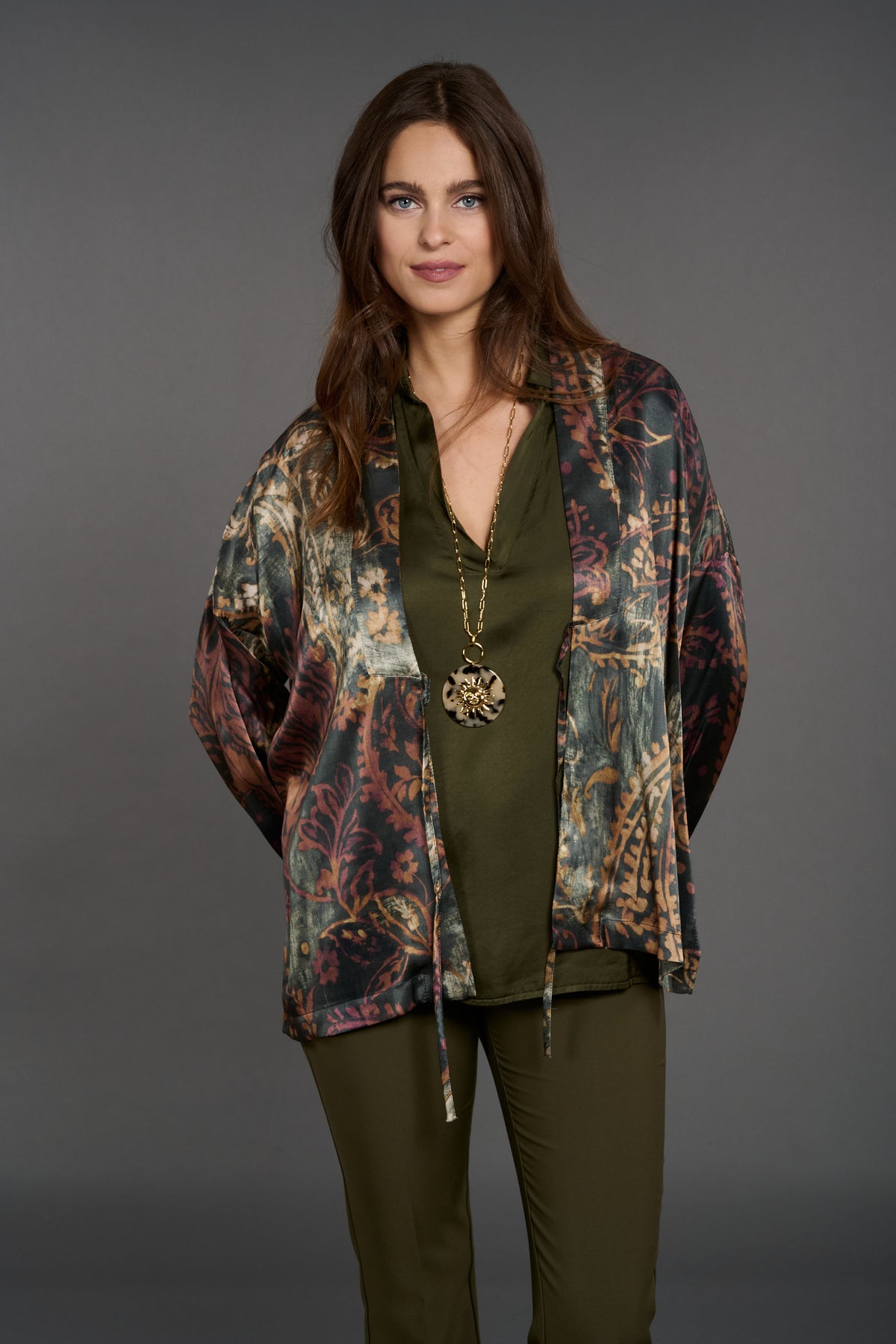 VESTE KIMONO A BASE DE SOIE KH1255 LICHEN