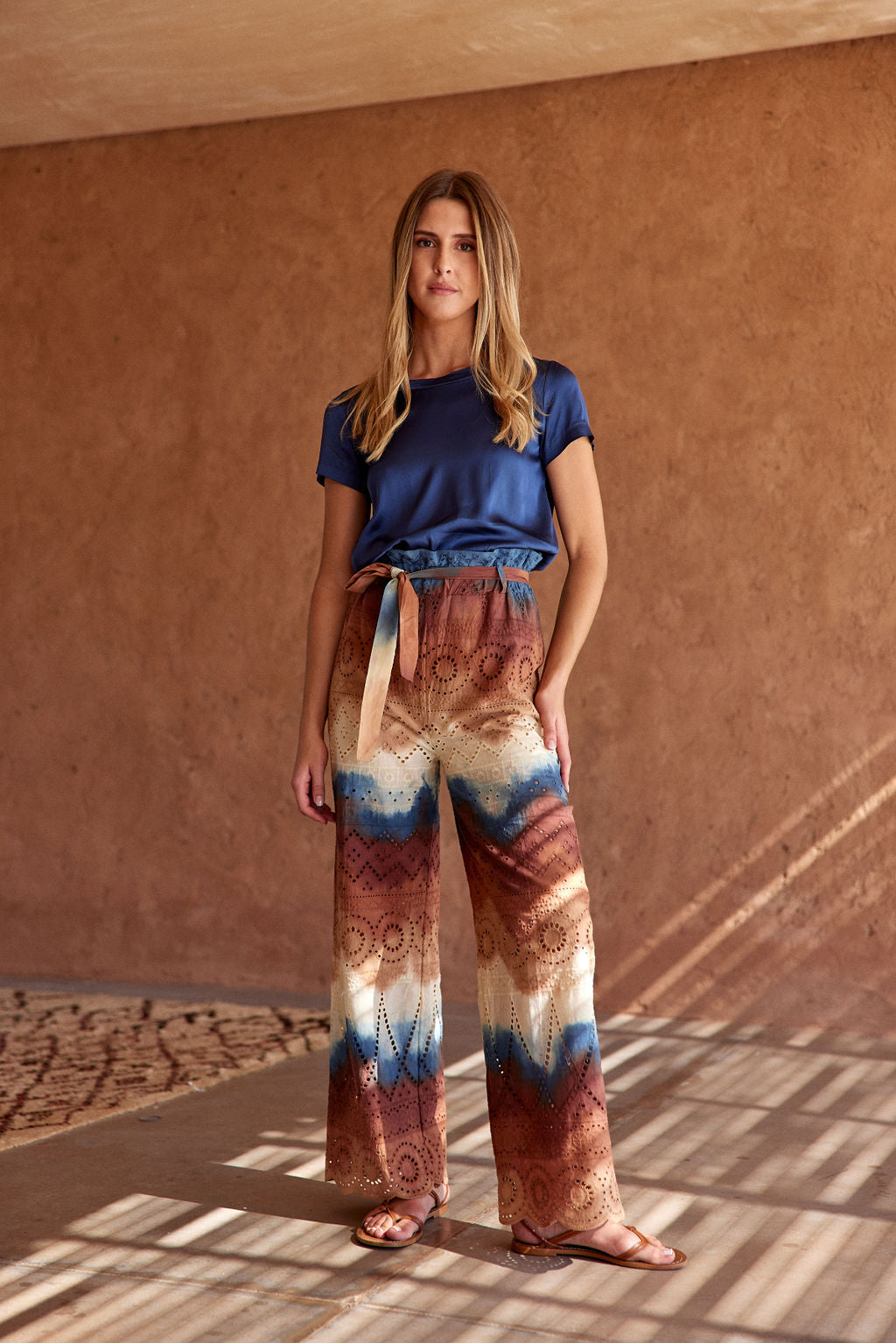 CALLIE TIE AND DYE ENGLISH EMBROIDERY TROUSERS