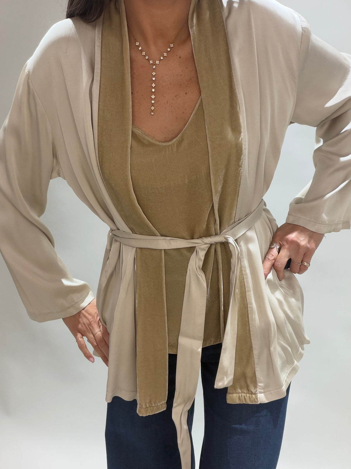 VESTE KIMONO BI-MATIÈRE AMBRE CREME