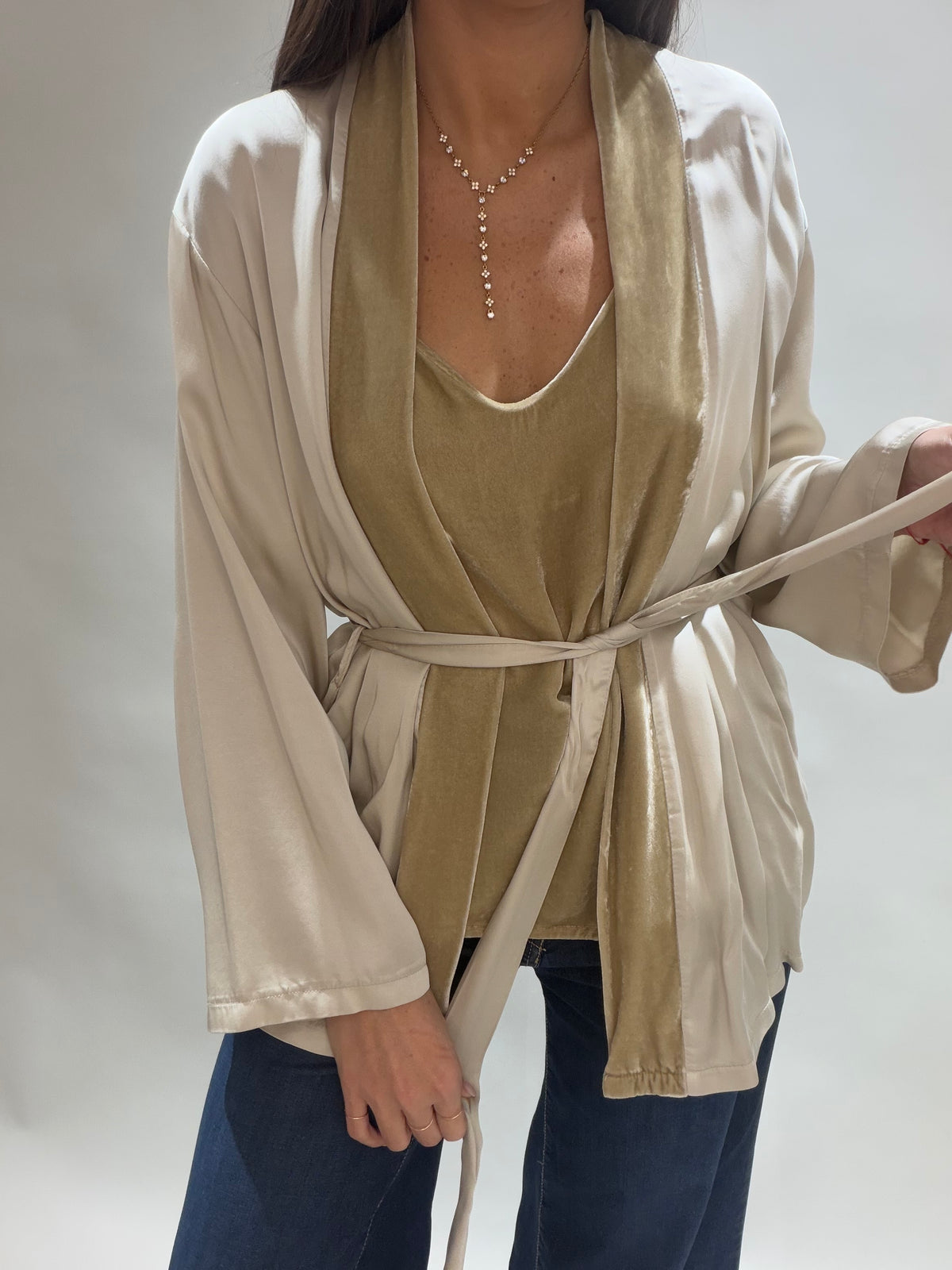 VESTE KIMONO BI-MATIÈRE AMBRE CREME