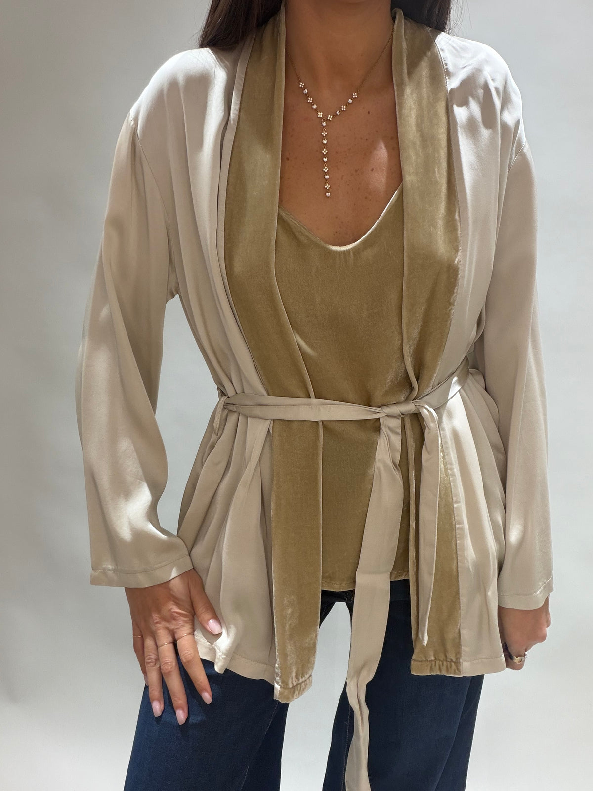 VESTE KIMONO BI-MATIÈRE AMBRE CREME
