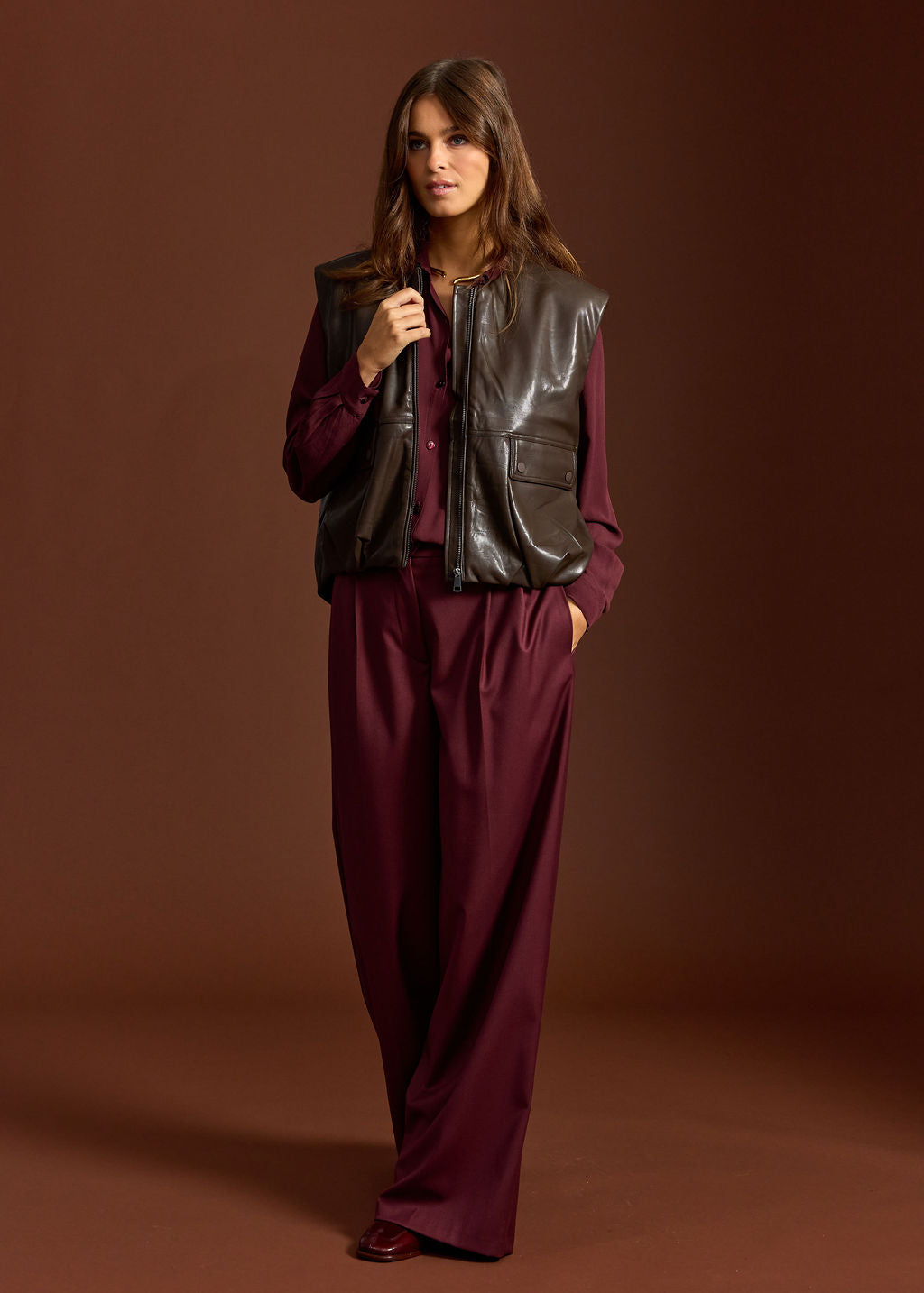 OWEN COFFEE FAUX LEATHER SLEEVELESS VEST