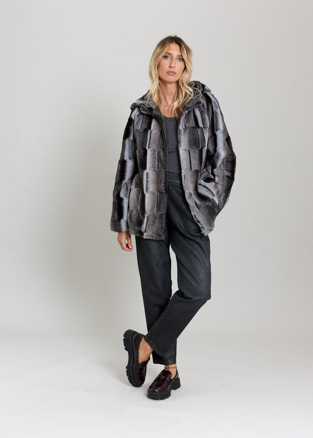 POLKI GREY FAUX FUR HOODED COAT