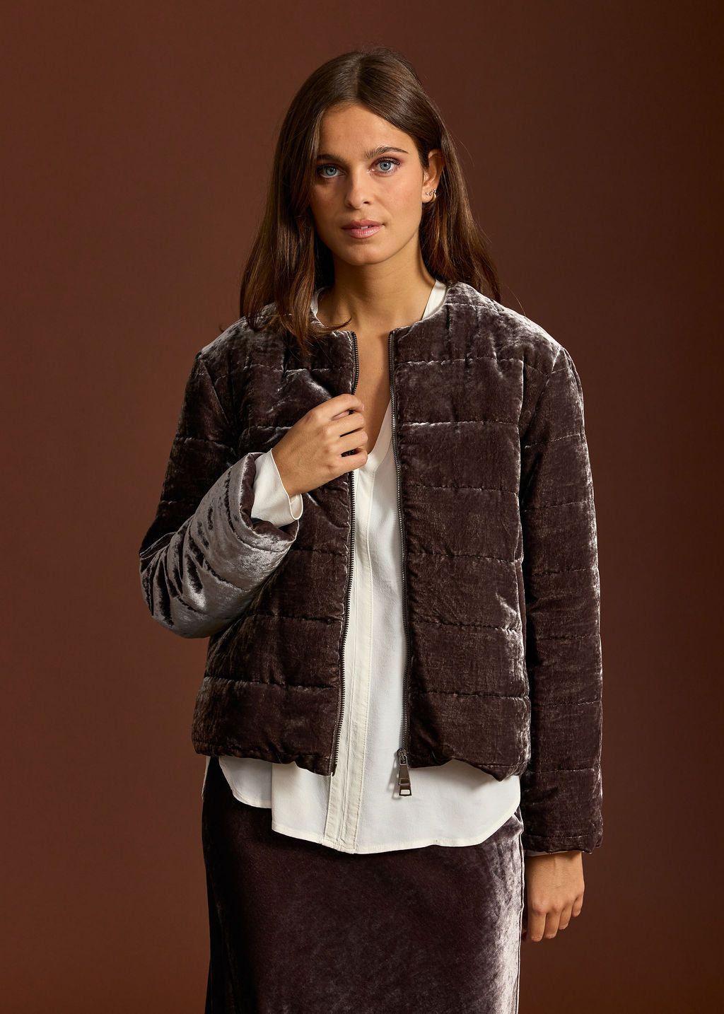 VESTE PALETOT EN VELOURS MATELASSÉE SHELL SOURIS