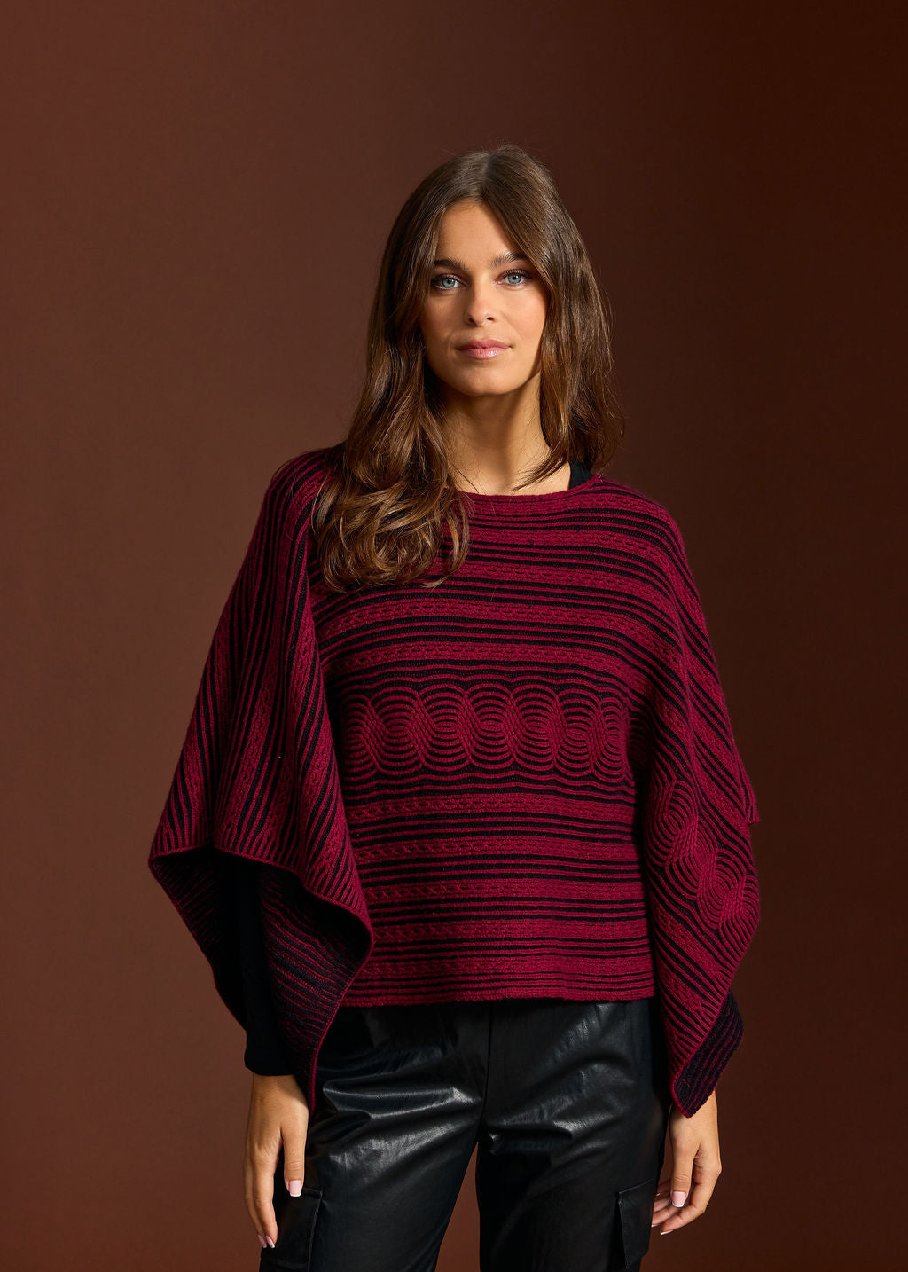 BRANDI BURGUNDI TWO-TONE TWISTED PONCHO