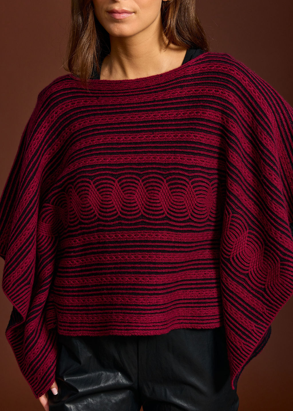 BRANDI BURGUNDI TWO-TONE TWISTED PONCHO