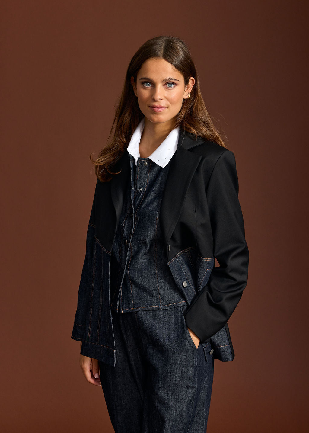 VESTE BLAZER BI-MATIERE PETRA DENIM