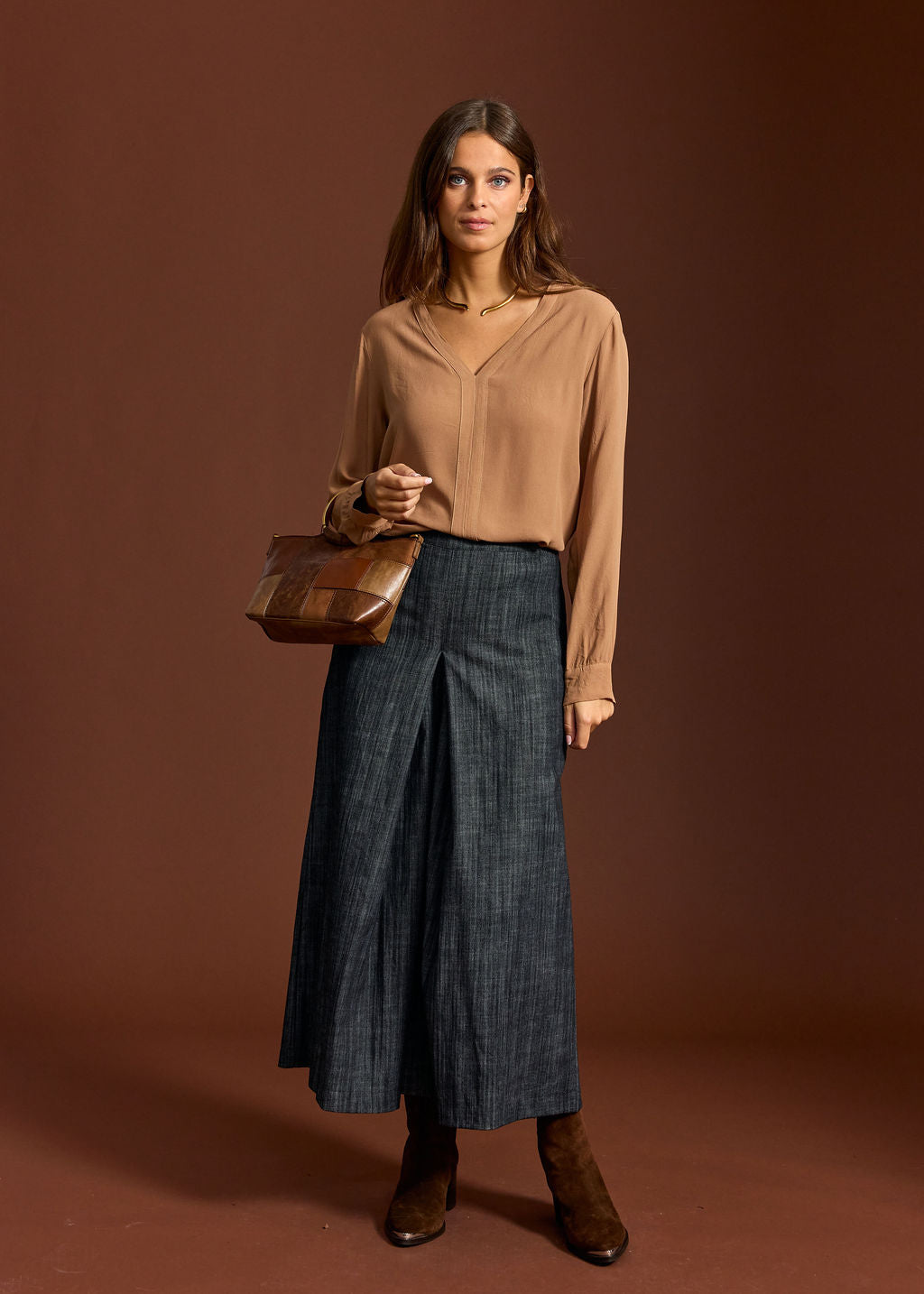 CHEMISE DROITE COL V PAOLA CAMEL