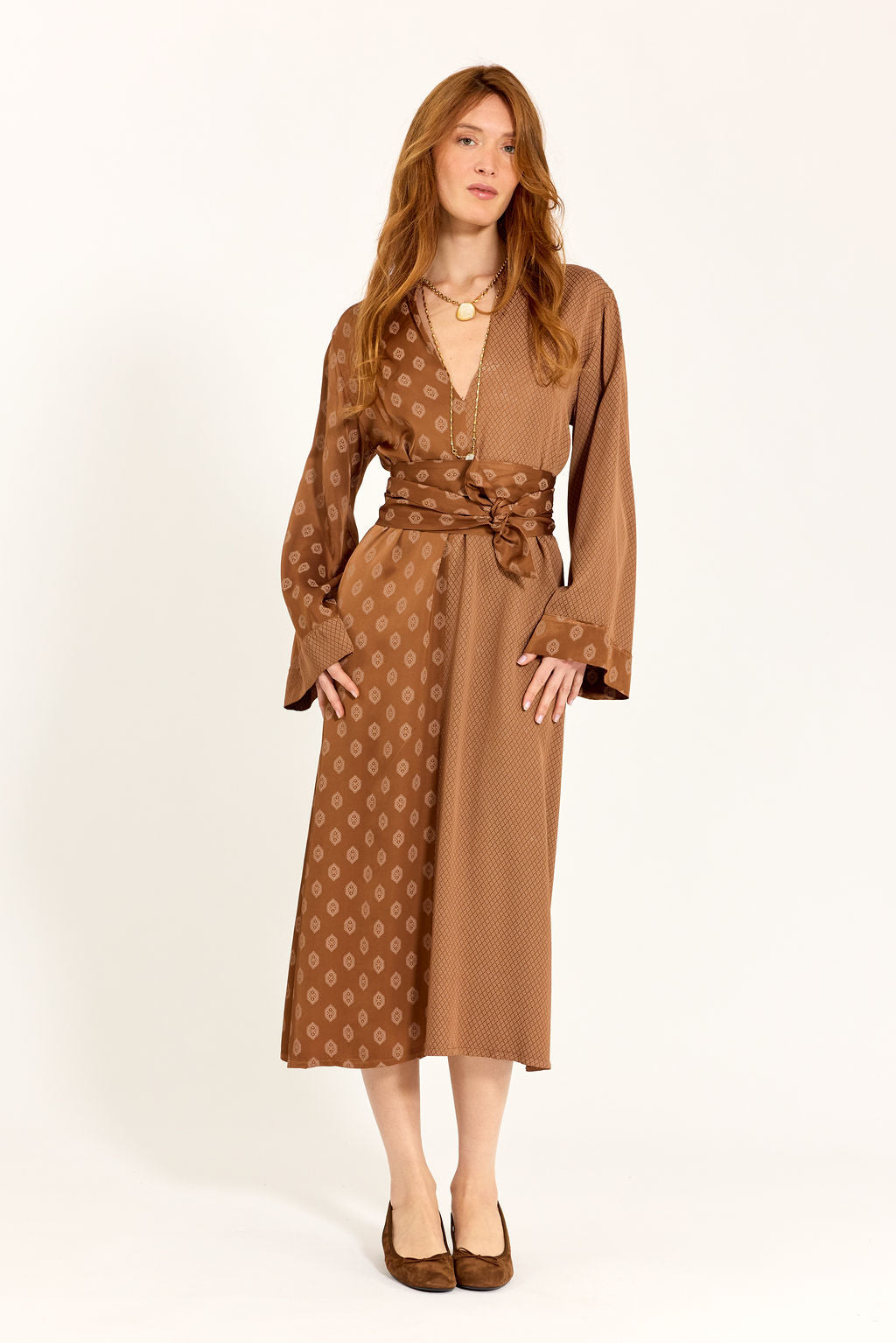 ROBE MIDI BI-IMPRIMÉE AMAYA NOISETTE