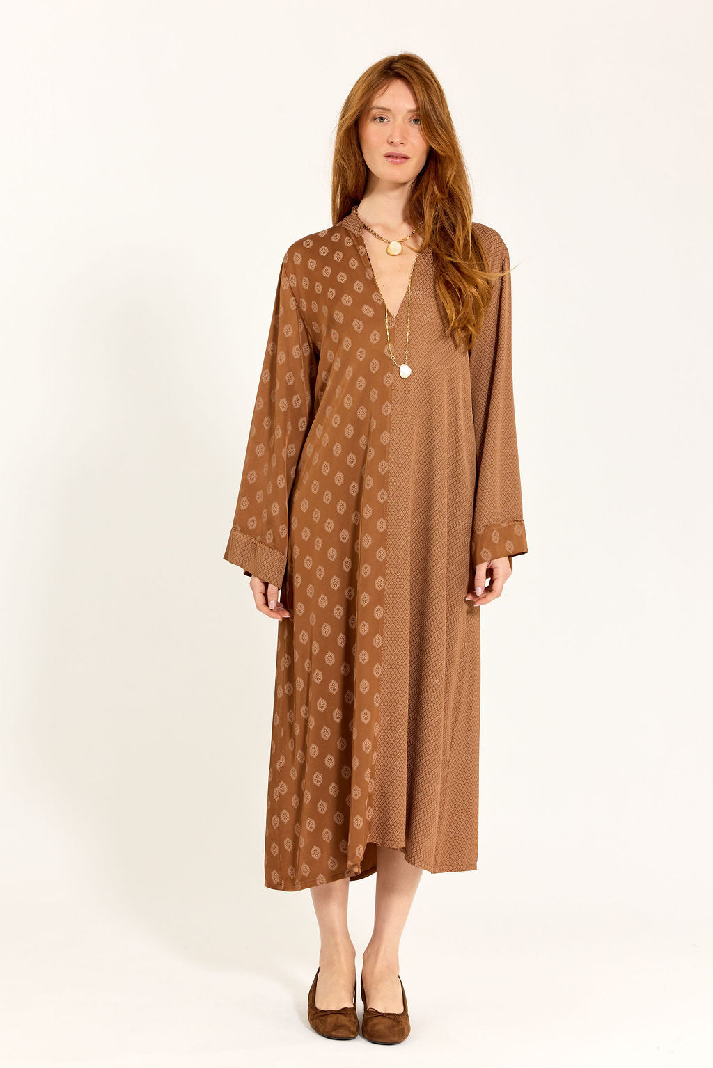 ROBE MIDI BI-IMPRIMÉE AMAYA NOISETTE