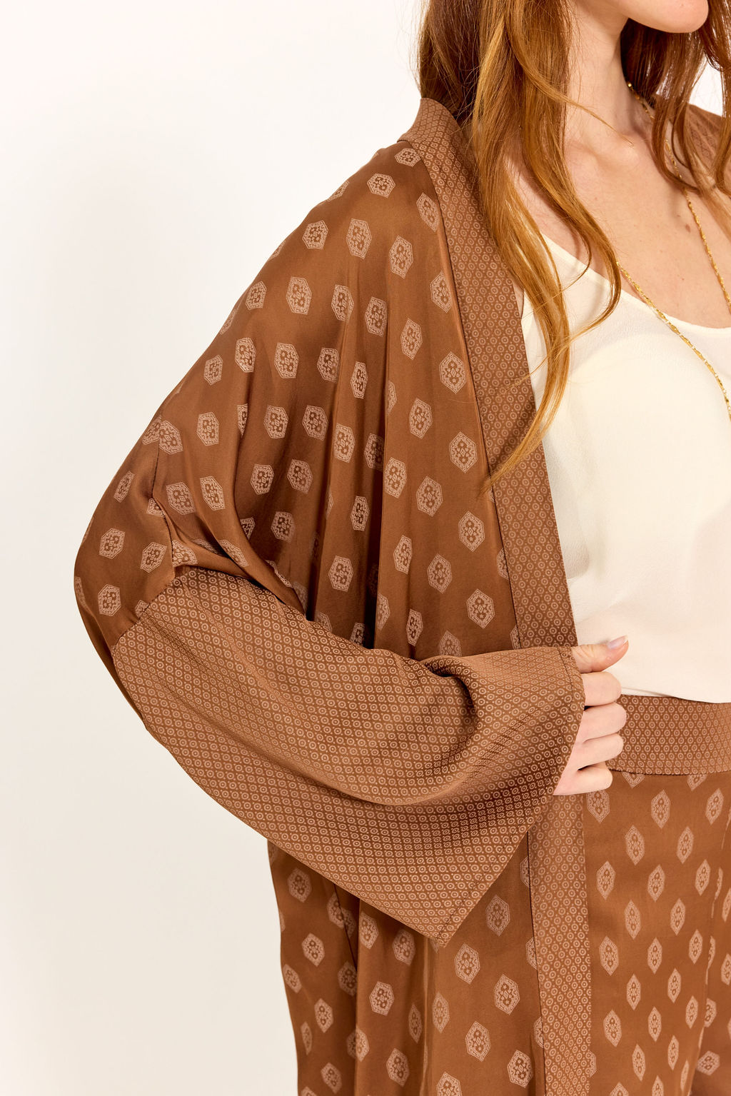 KIMONO LONG BI-IMPRIMÉ TON SUR TON NOAH NOISETTE