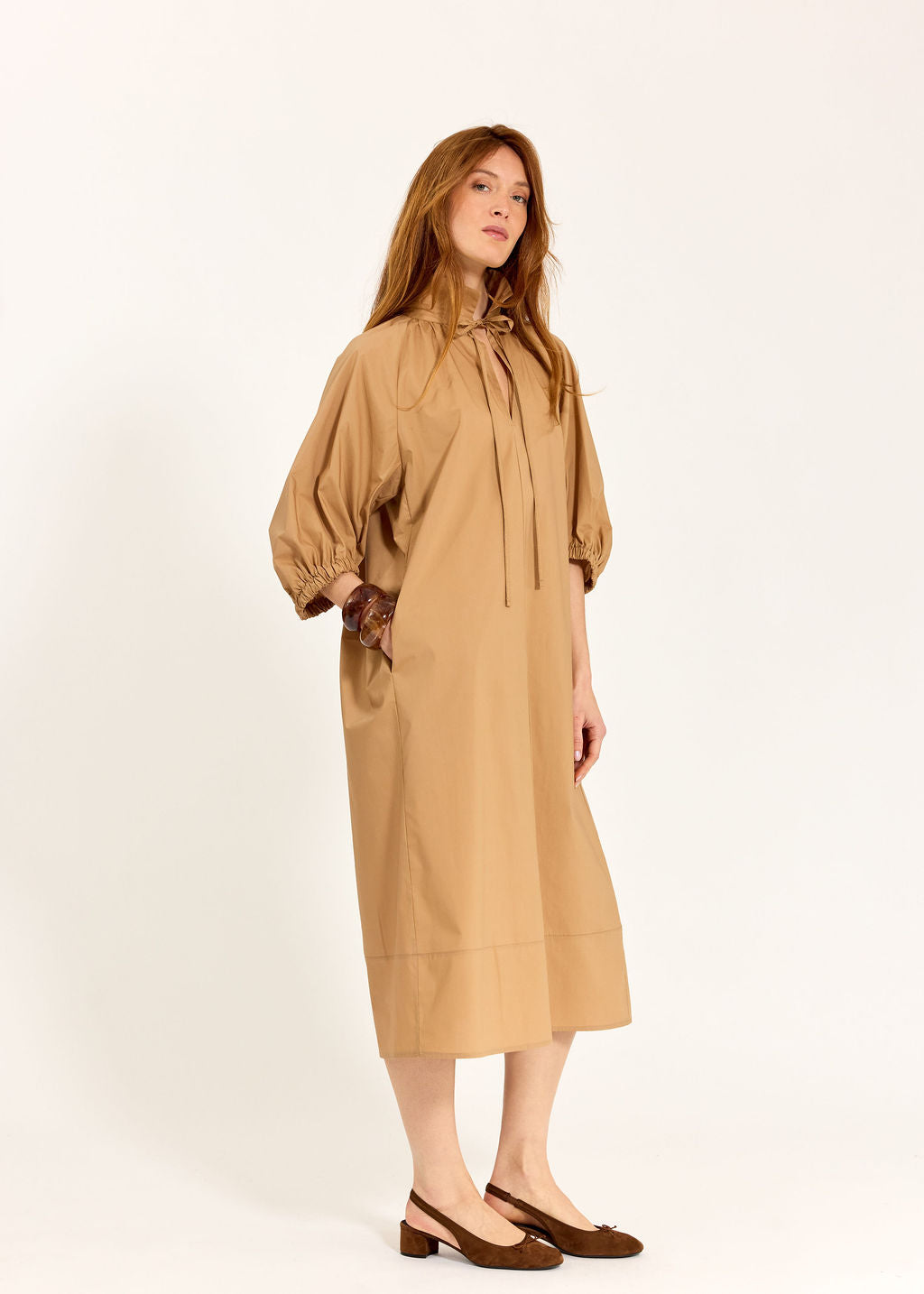 ROBE MIDI EN POPELINE DUVETEUSE HELLO CAMEL