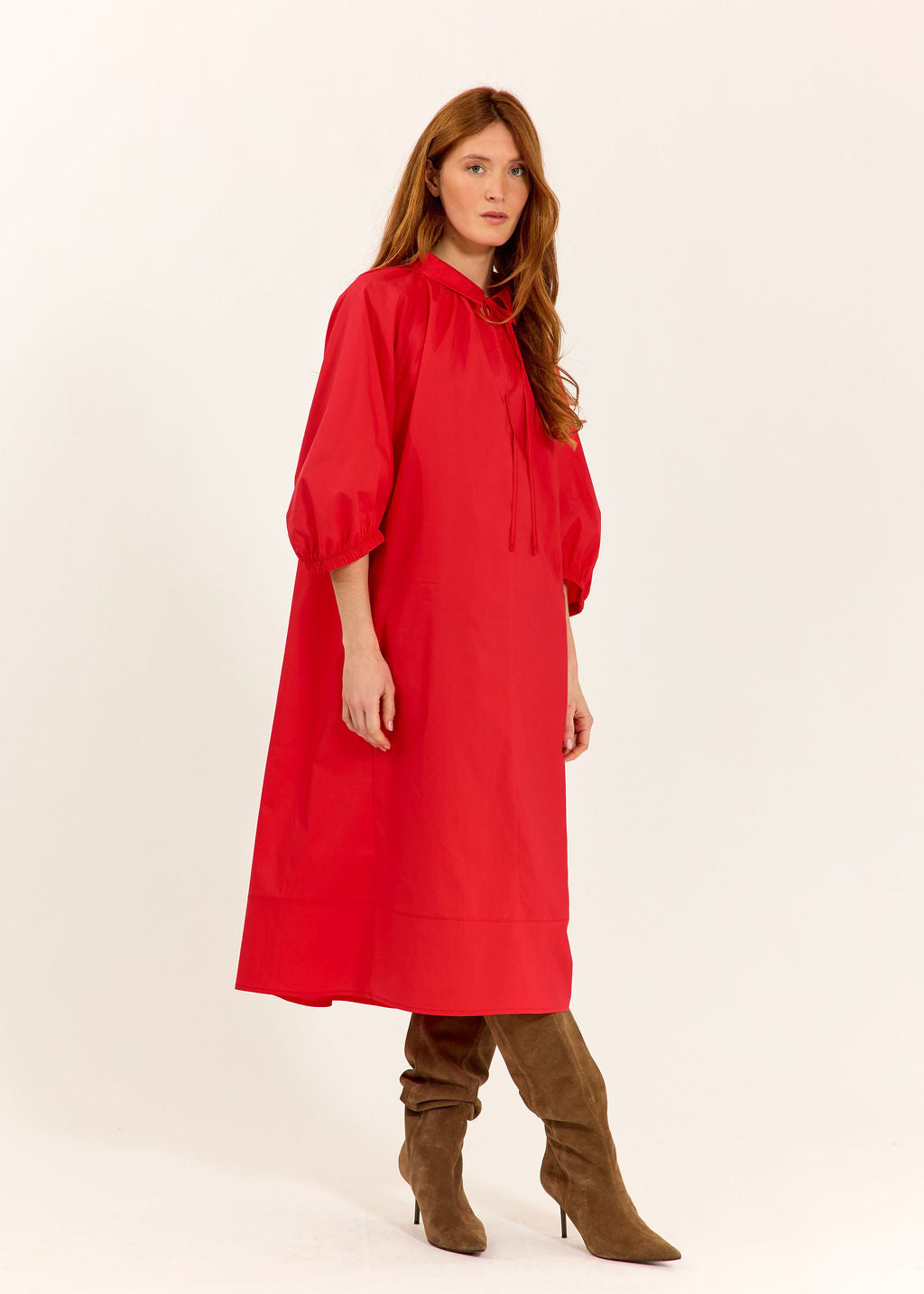ROBE MIDI EN POPELINE DUVETEUSE HELLO ROUGE