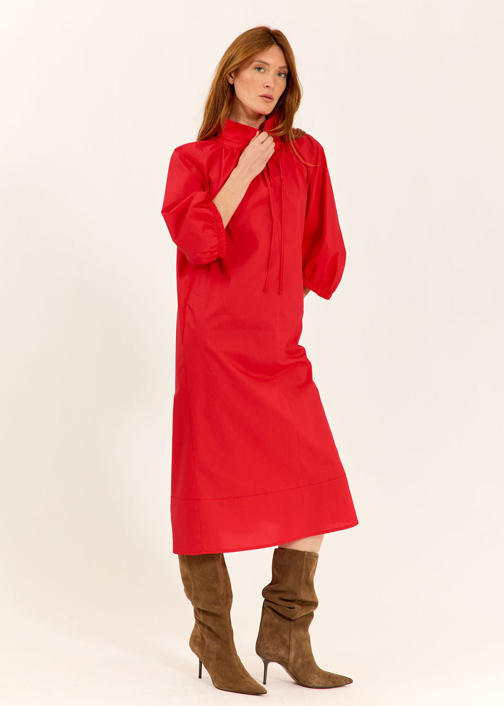 ROBE MIDI EN POPELINE DUVETEUSE HELLO ROUGE