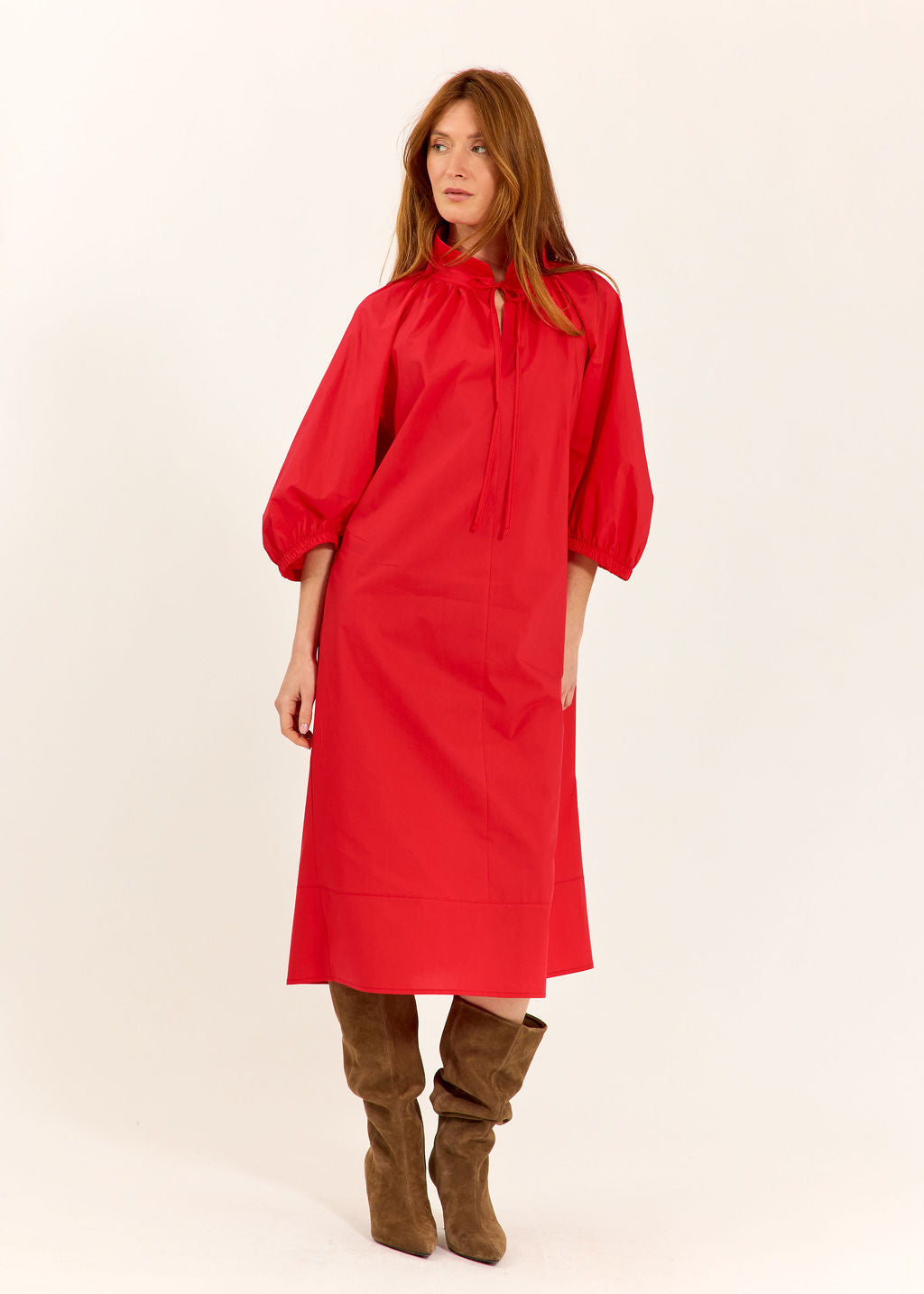 ROBE MIDI EN POPELINE DUVETEUSE HELLO ROUGE